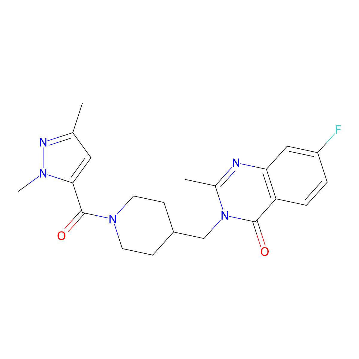 3-{[1-(1,3-dimethyl-1H-pyrazole-5-carbonyl)piperidin-4-yl]methyl}-7-fluoro-2-methyl-3,4-dihydroquinazolin-4-one molecular structure, CAS 2415552-87-1