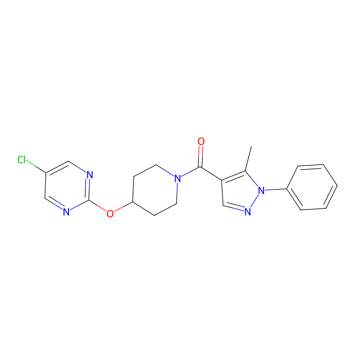 5-chloro-2-{[1-(5-methyl-1-phenyl-1H-pyrazole-4-carbonyl)piperidin-4-yl]oxy}pyrimidine molecular structure, CAS 2415552-92-8