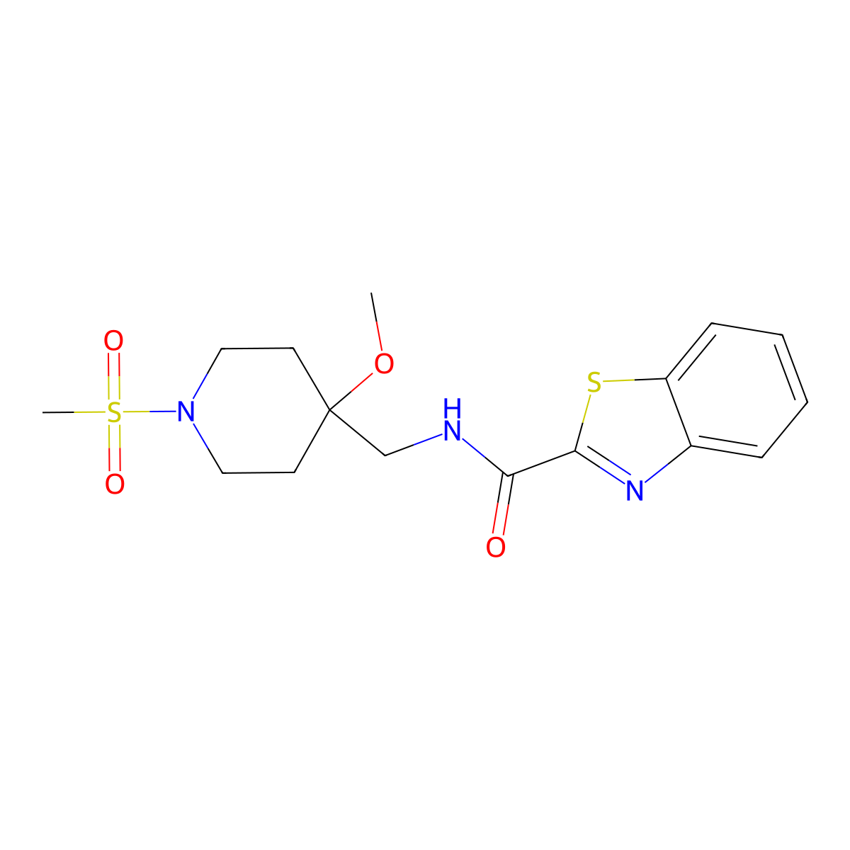 N-[(1-methanesulfonyl-4-methoxypiperidin-4-yl)methyl]-1,3-benzothiazole-2-carboxamide molecular structure, CAS 2415552-99-5