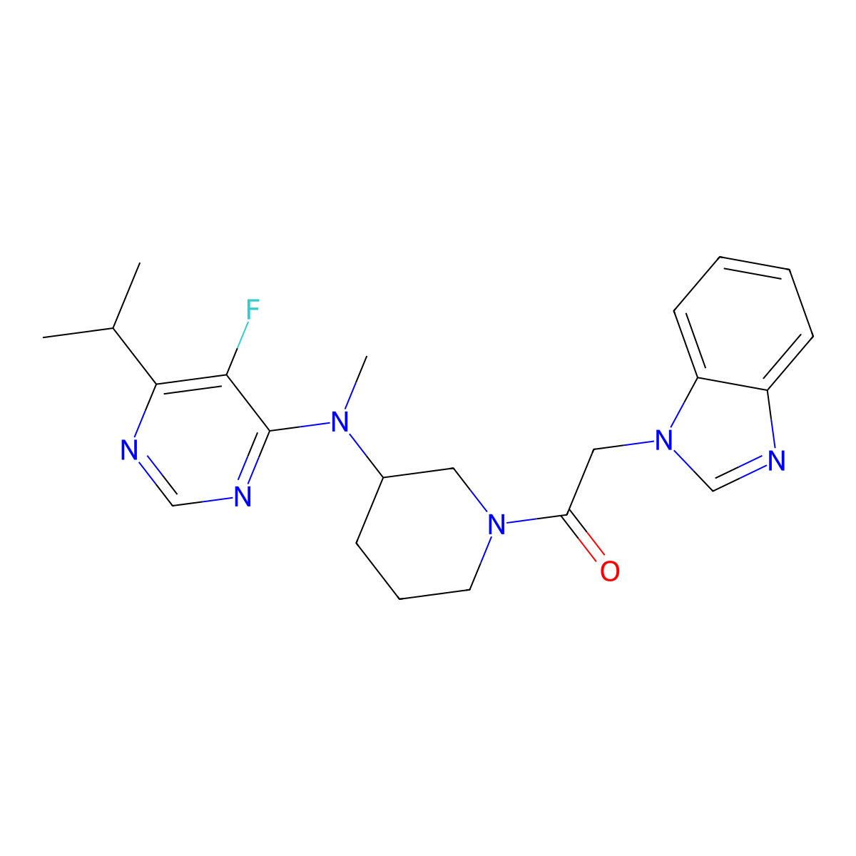 2-(1H-1,3-benzodiazol-1-yl)-1-(3-{[5-fluoro-6-(propan-2-yl)pyrimidin-4-yl](methyl)amino}piperidin-1-yl)ethan-1-one molecular structure, CAS 2415553-05-6