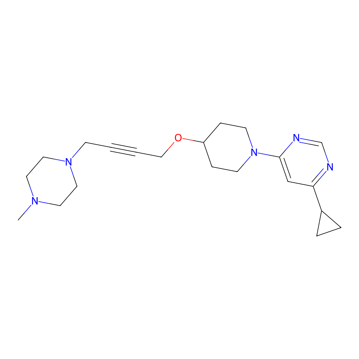 4-Cyclopropyl-6-(4-{[4-(4-methylpiperazin-1-yl)but-2-yn-1-yl]oxy}piperidin-1-yl)pyrimidine molecular structure, CAS 2415553-08-9