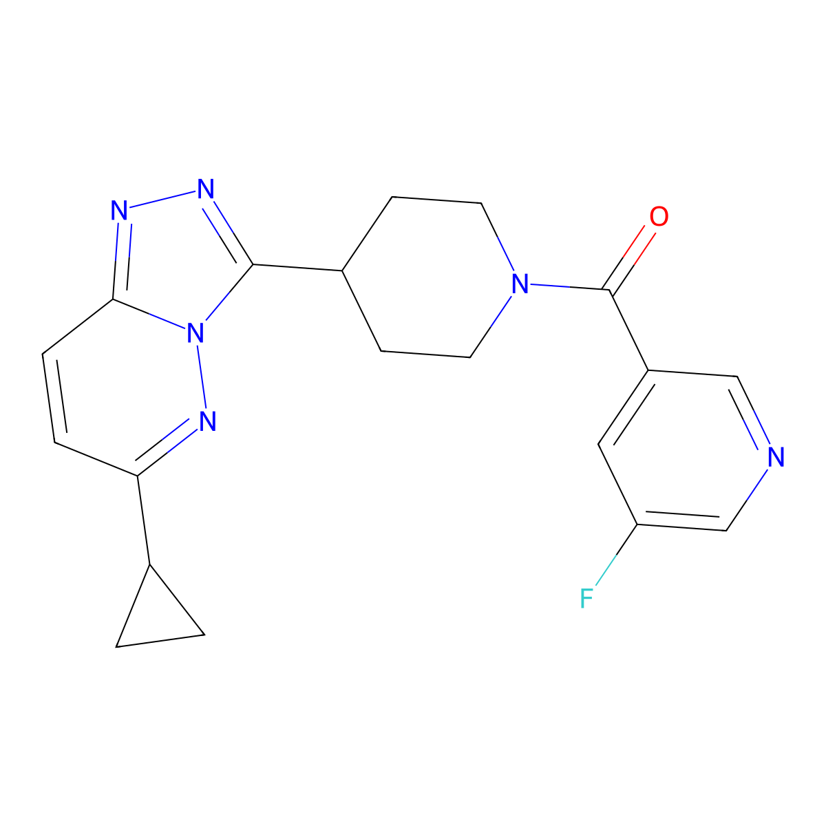 3-(4-{6-Cyclopropyl-[1,2,4]triazolo[4,3-b]pyridazin-3-yl}piperidine-1-carbonyl)-5-fluoropyridine molecular structure, CAS 2415553-13-6