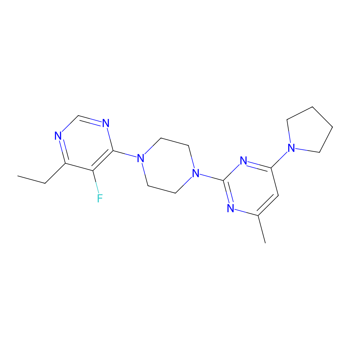 2-[4-(6-Ethyl-5-fluoropyrimidin-4-yl)piperazin-1-yl]-4-methyl-6-(pyrrolidin-1-yl)pyrimidine molecular structure, CAS 2415553-17-0