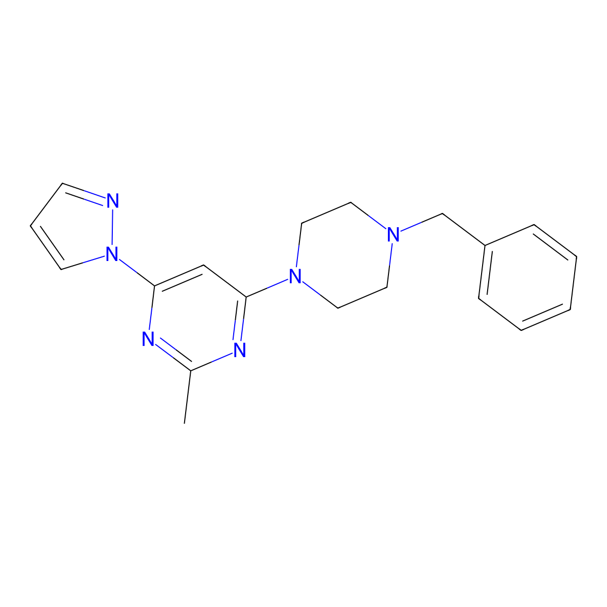 4-(4-benzylpiperazin-1-yl)-2-methyl-6-(1H-pyrazol-1-yl)pyrimidine molecular structure, CAS 2415553-29-4