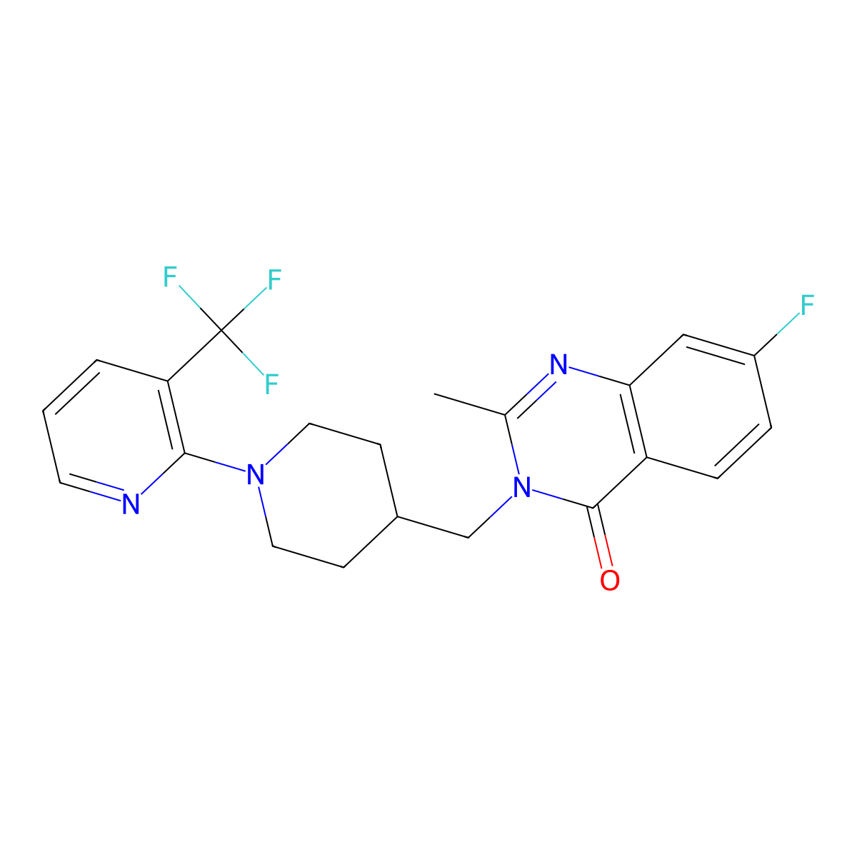 7-Fluoro-2-methyl-3-({1-[3-(trifluoromethyl)pyridin-2-yl]piperidin-4-yl}methyl)-3,4-dihydroquinazolin-4-one molecular structure, CAS 2415553-35-2