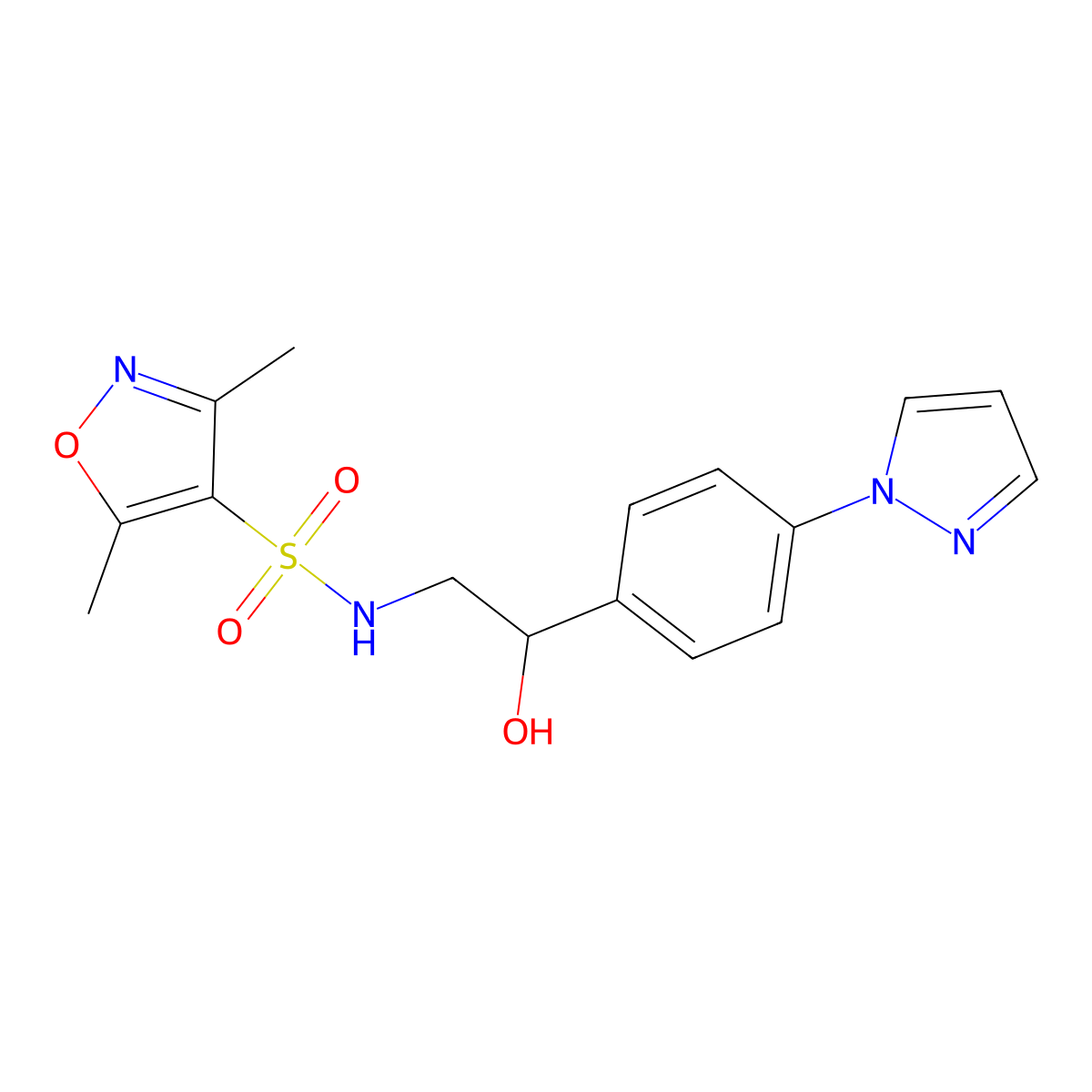 N-{2-hydroxy-2-[4-(1H-pyrazol-1-yl)phenyl]ethyl}-3,5-dimethyl-1,2-oxazole-4-sulfonamide molecular structure, CAS 2415553-37-4