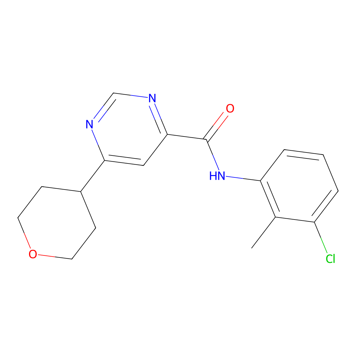 N-(3-Chloro-2-methylphenyl)-6-(oxan-4-yl)pyrimidine-4-carboxamide molecular structure, CAS 2415553-45-4