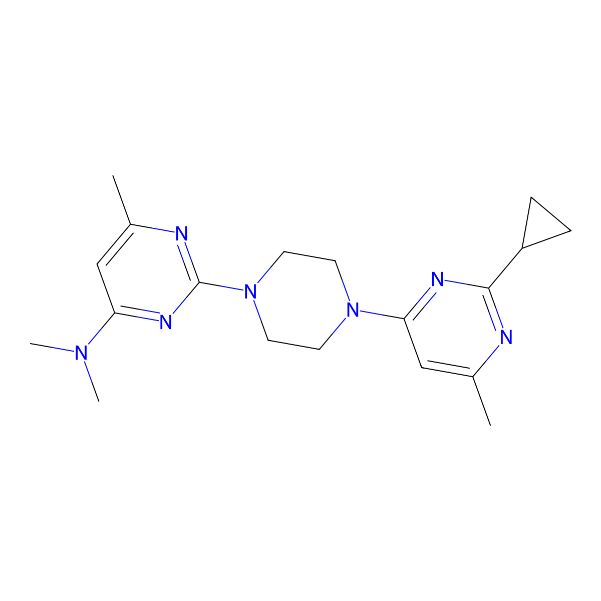 2-[4-(2-Cyclopropyl-6-methylpyrimidin-4-yl)piperazin-1-yl]-N,N,6-trimethylpyrimidin-4-amine molecular structure, CAS 2415553-52-3
