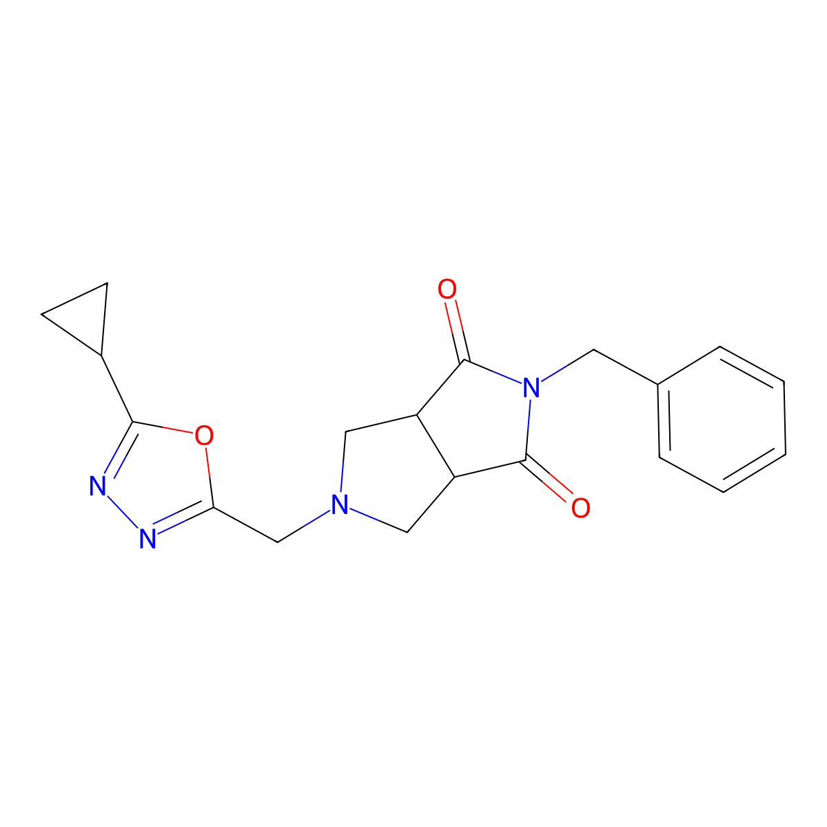2-Benzyl-5-[(5-cyclopropyl-1,3,4-oxadiazol-2-yl)methyl]-octahydropyrrolo[3,4-c]pyrrole-1,3-dione molecular structure, CAS 2415553-56-7