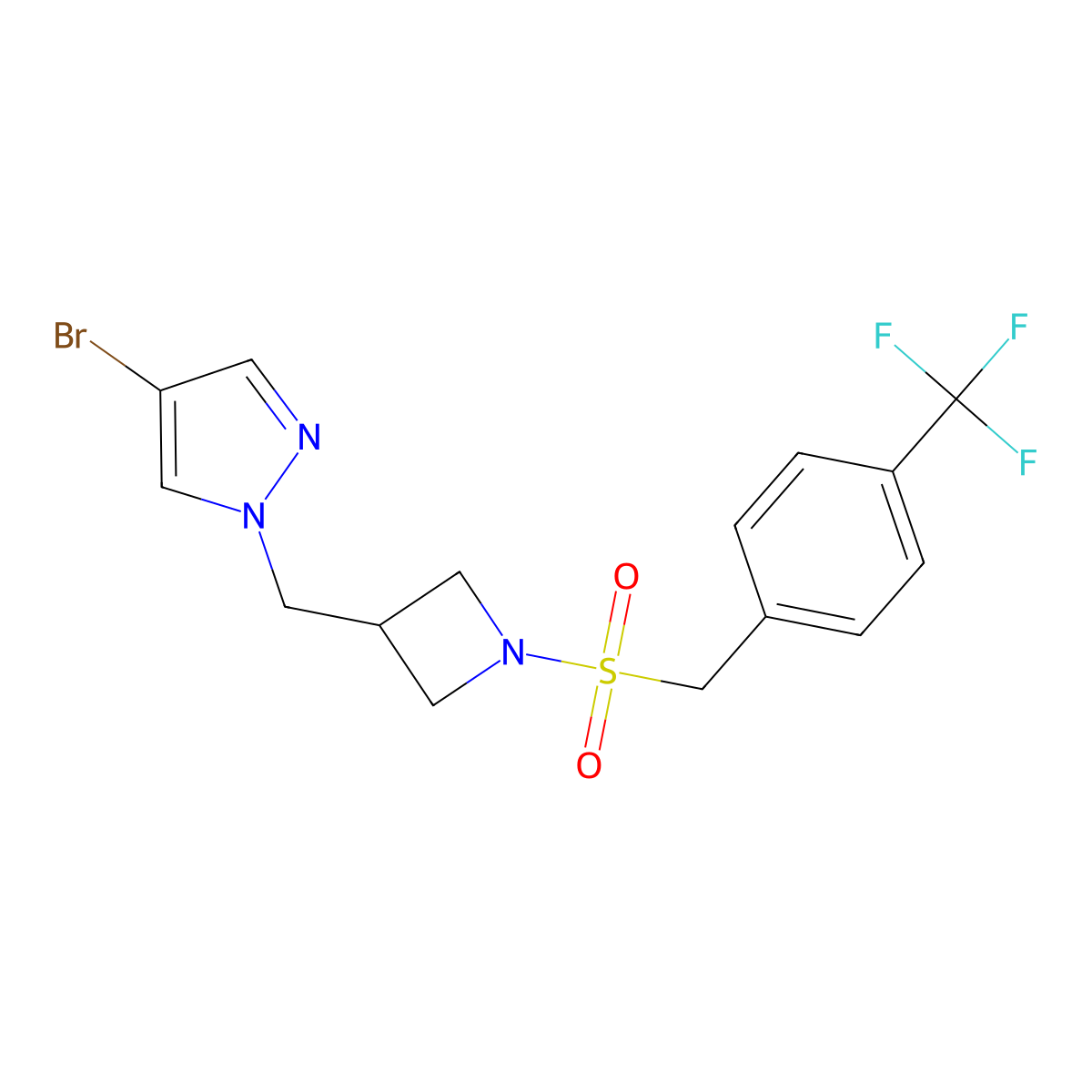 4-bromo-1-[(1-{[4-(trifluoromethyl)phenyl]methanesulfonyl}azetidin-3-yl)methyl]-1H-pyrazole molecular structure, CAS 2415553-71-6