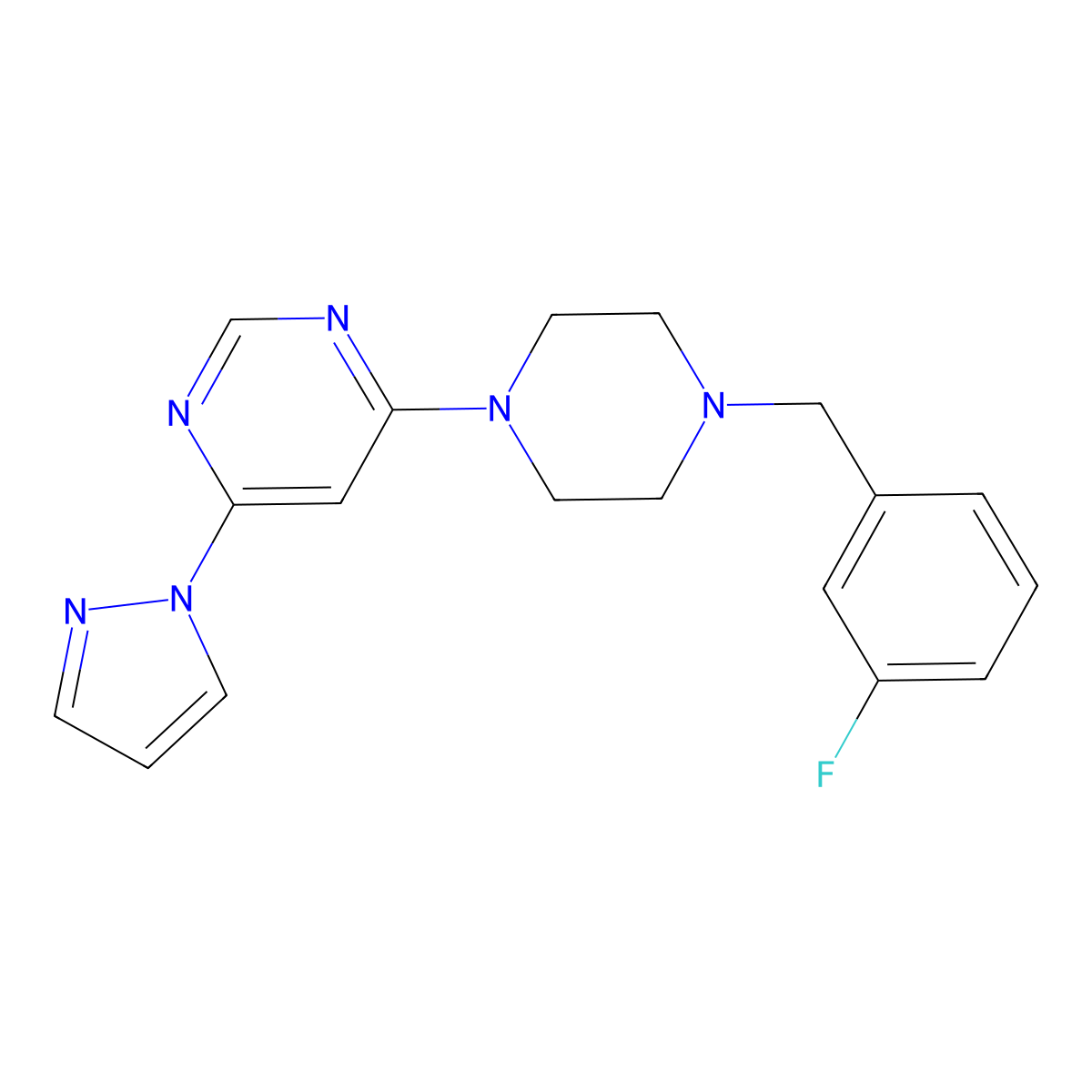 4-{4-[(3-fluorophenyl)methyl]piperazin-1-yl}-6-(1H-pyrazol-1-yl)pyrimidine molecular structure, CAS 2415553-87-4