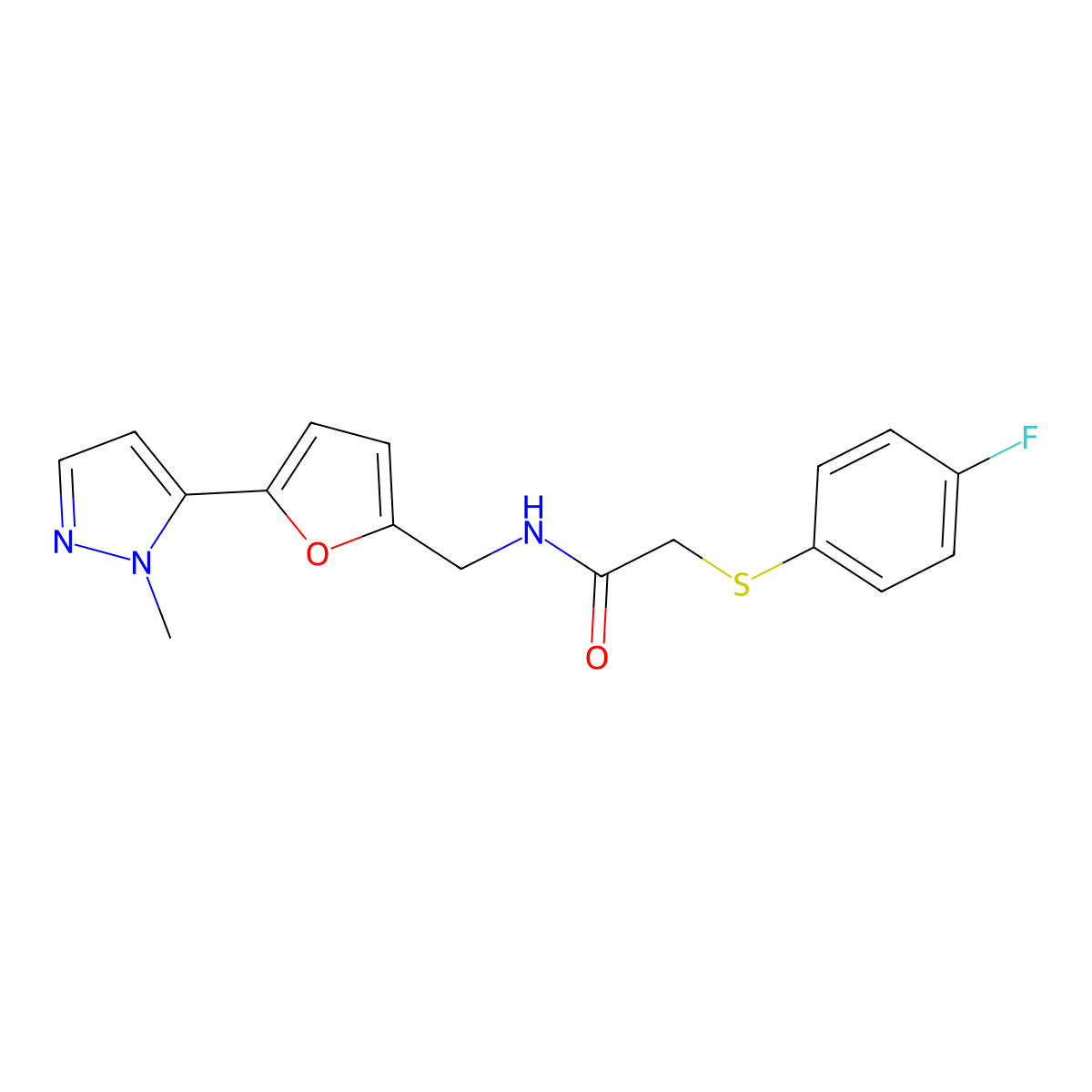 2-[(4-fluorophenyl)sulfanyl]-N-{[5-(1-methyl-1H-pyrazol-5-yl)furan-2-yl]methyl}acetamide molecular structure, CAS 2415553-91-0