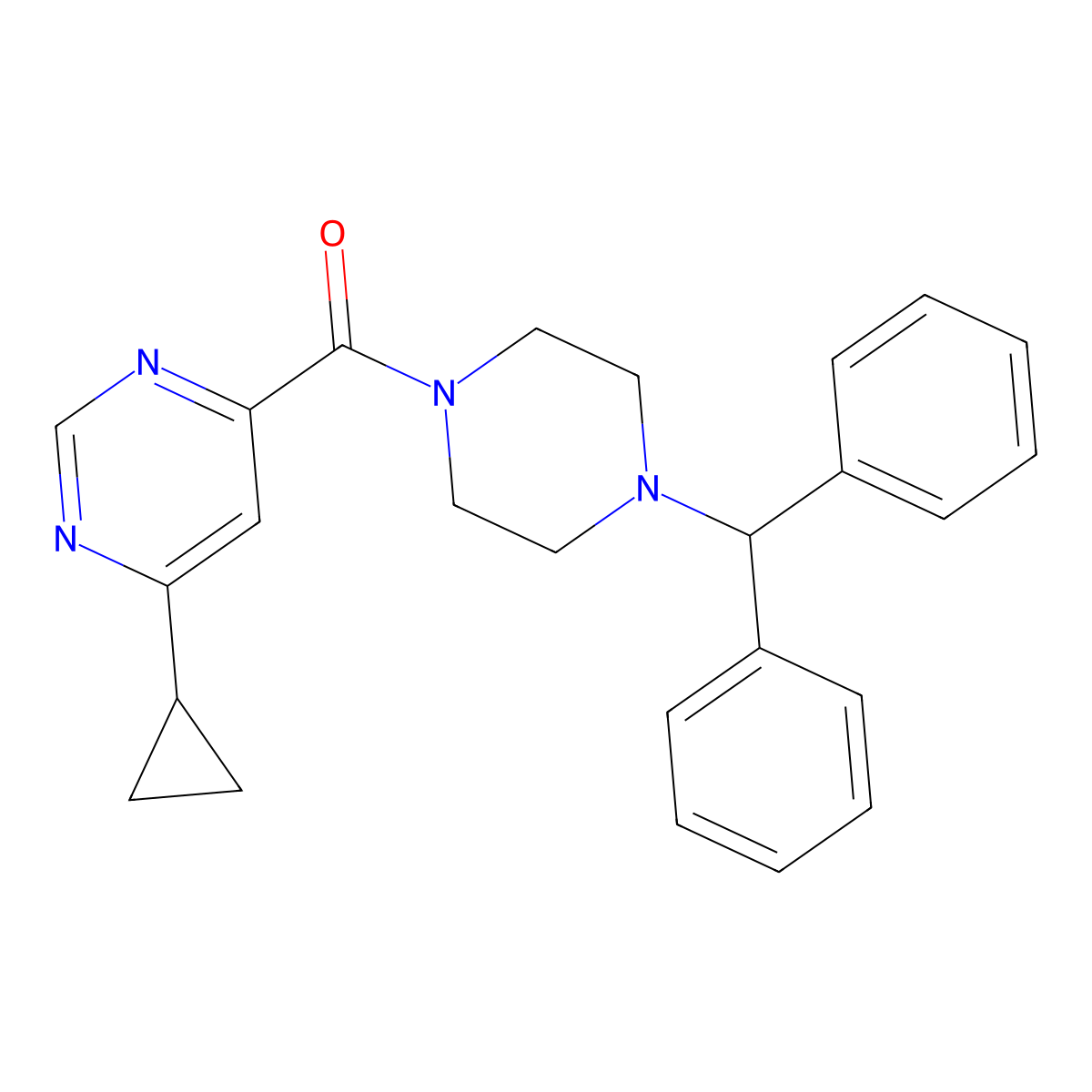 4-Cyclopropyl-6-[4-(diphenylmethyl)piperazine-1-carbonyl]pyrimidine molecular structure, CAS 2415553-95-4