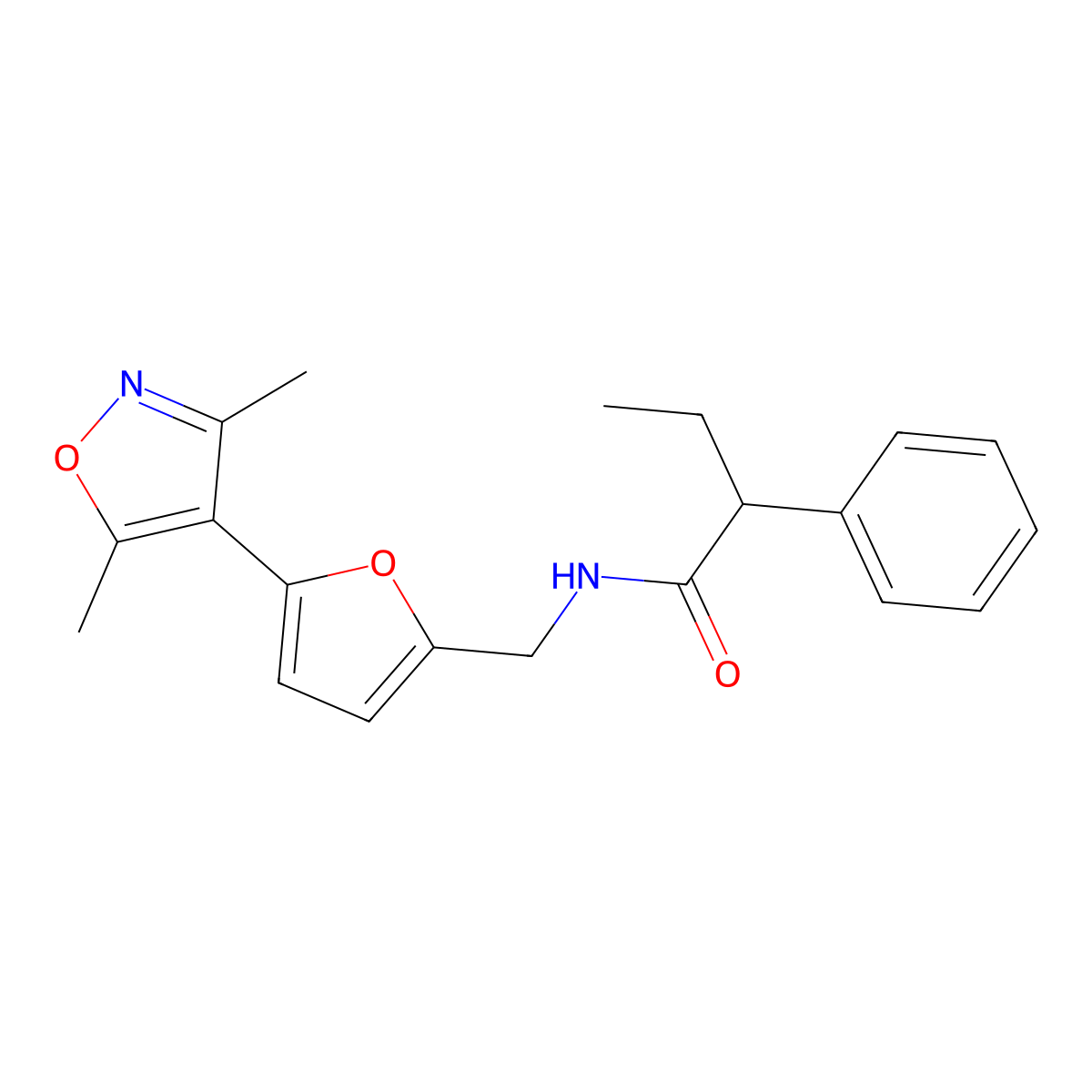 N-{[5-(3,5-dimethyl-1,2-oxazol-4-yl)furan-2-yl]methyl}-2-phenylbutanamide molecular structure, CAS 2415554-01-5