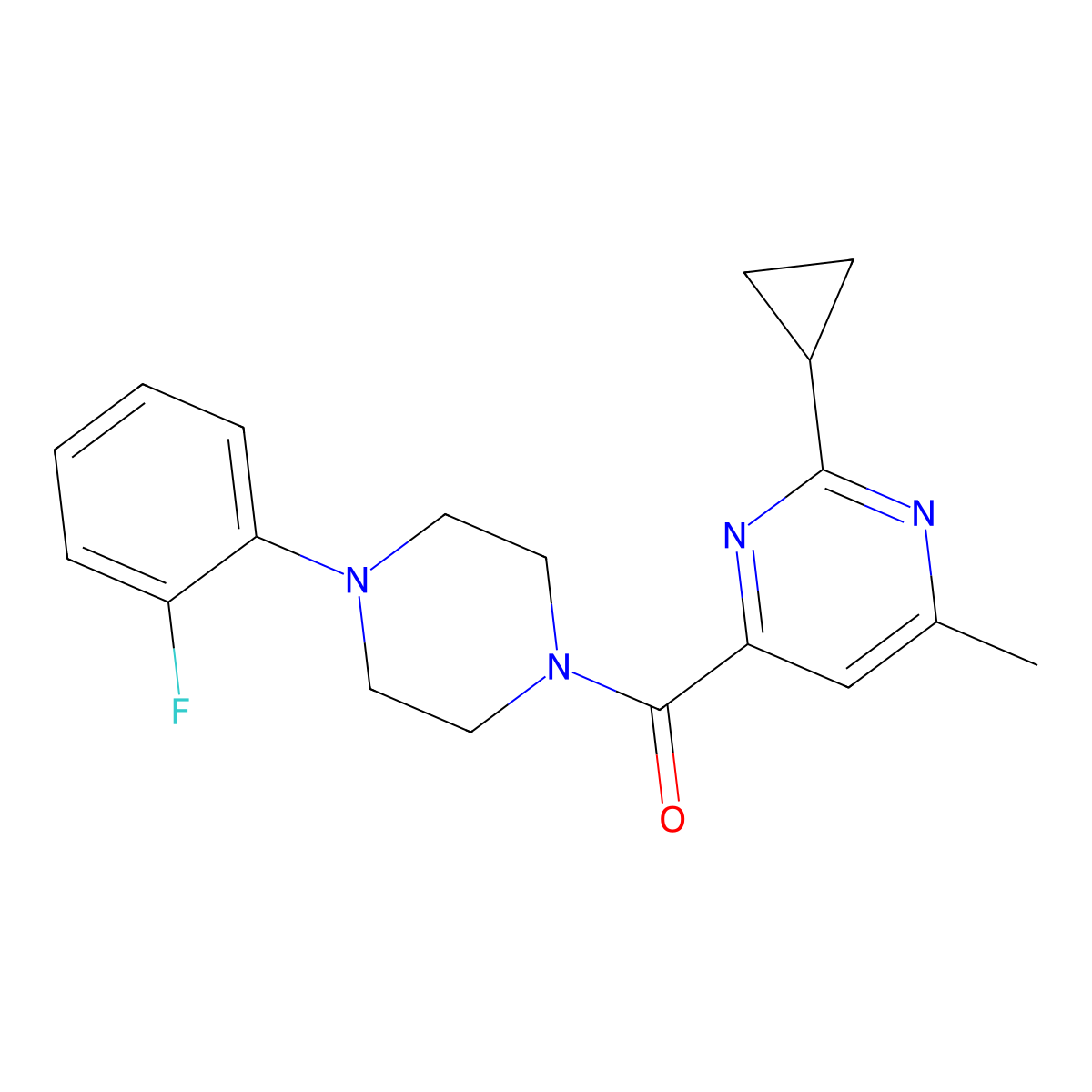 2-Cyclopropyl-4-[4-(2-fluorophenyl)piperazine-1-carbonyl]-6-methylpyrimidine molecular structure, CAS 2415554-11-7