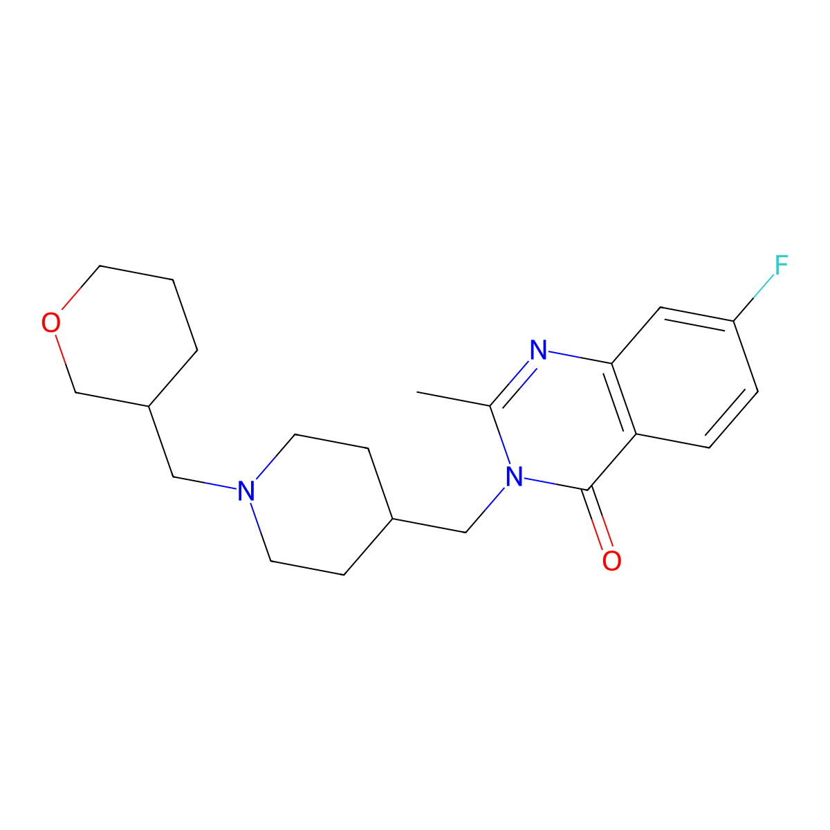 7-Fluoro-2-methyl-3-({1-[(oxan-3-yl)methyl]piperidin-4-yl}methyl)-3,4-dihydroquinazolin-4-one molecular structure, CAS 2415554-27-5