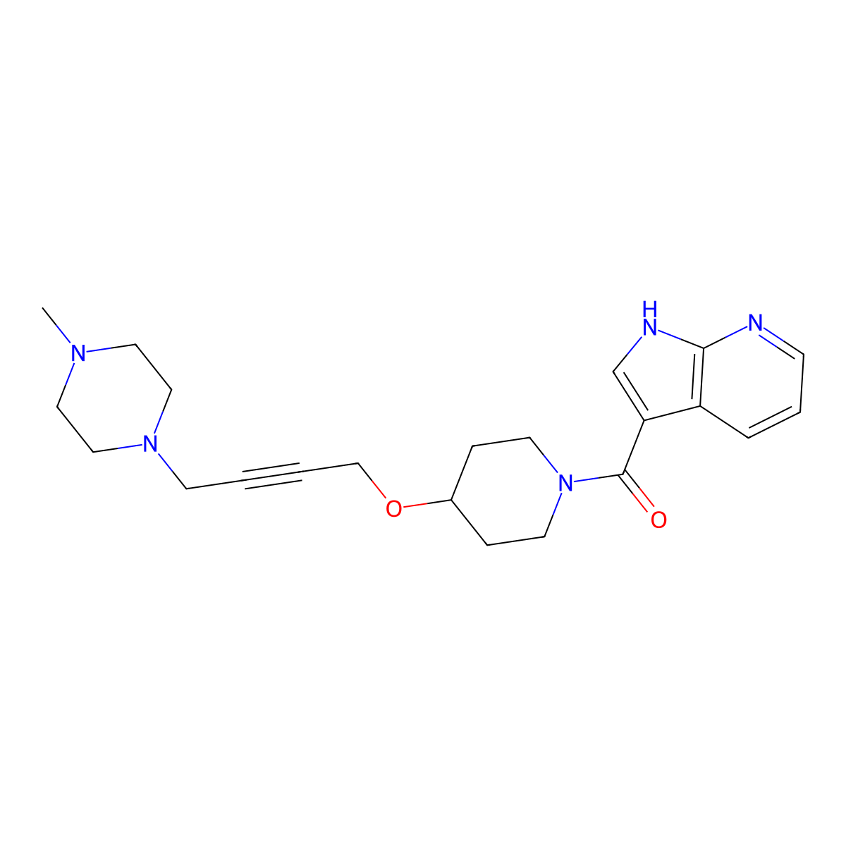 1-methyl-4-{4-[(1-{1H-pyrrolo[2,3-b]pyridine-3-carbonyl}piperidin-4-yl)oxy]but-2-yn-1-yl}piperazine molecular structure, CAS 2415554-28-6