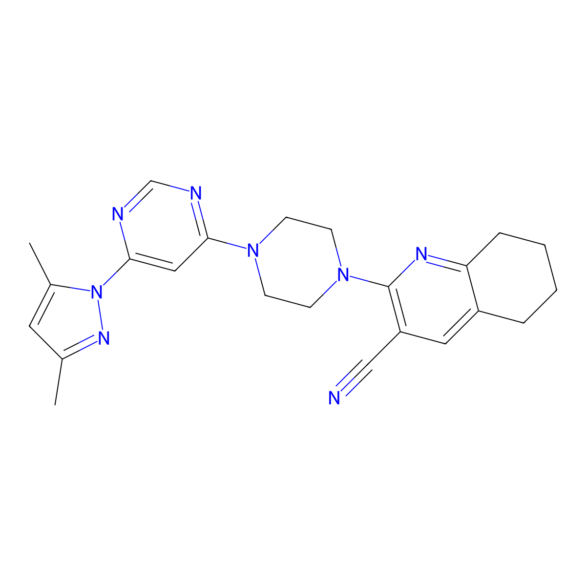 2-{4-[6-(3,5-dimethyl-1H-pyrazol-1-yl)pyrimidin-4-yl]piperazin-1-yl}-5,6,7,8-tetrahydroquinoline-3-carbonitrile molecular structure, CAS 2415554-30-0