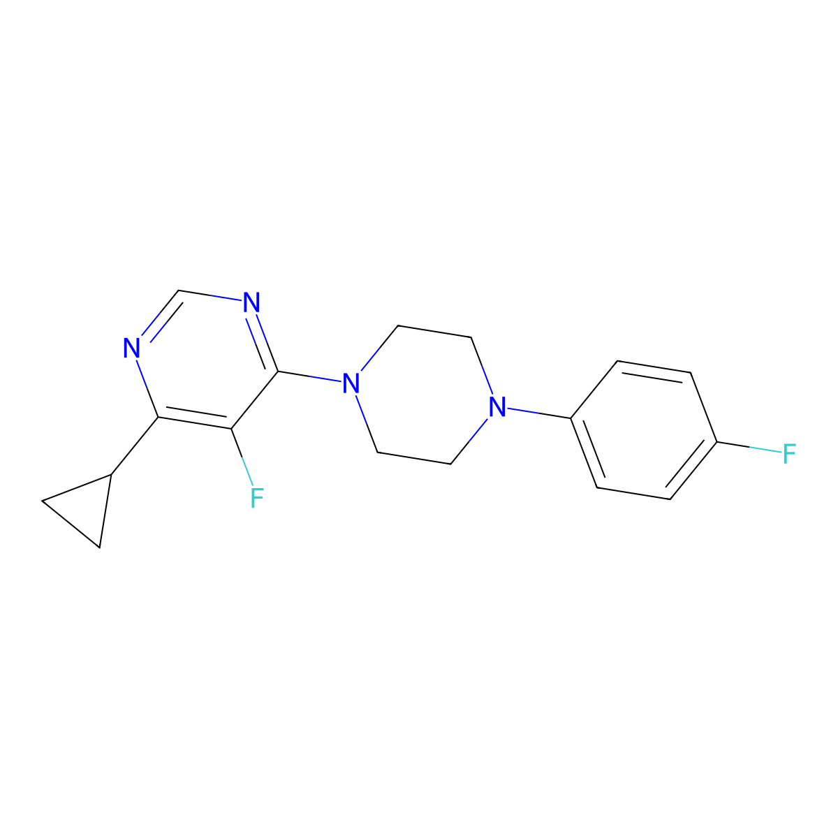 4-Cyclopropyl-5-fluoro-6-[4-(4-fluorophenyl)piperazin-1-yl]pyrimidine molecular structure, CAS 2415554-53-7