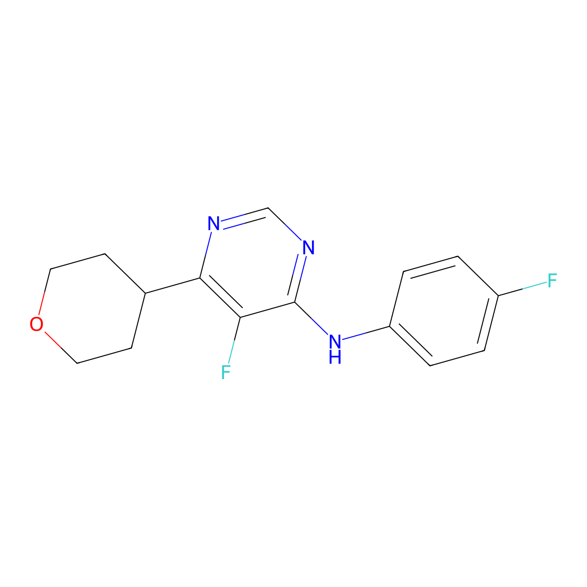 5-fluoro-N-(4-fluorophenyl)-6-(oxan-4-yl)pyrimidin-4-amine molecular structure, CAS 2415554-56-0