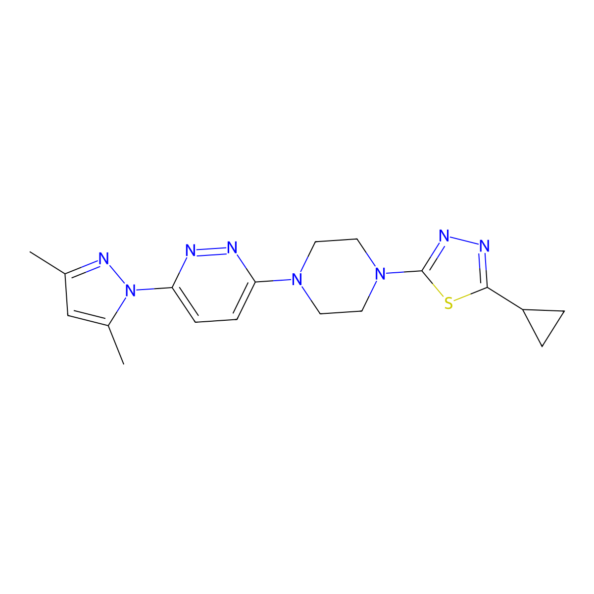 3-[4-(5-cyclopropyl-1,3,4-thiadiazol-2-yl)piperazin-1-yl]-6-(3,5-dimethyl-1H-pyrazol-1-yl)pyridazine molecular structure, CAS 2415554-60-6