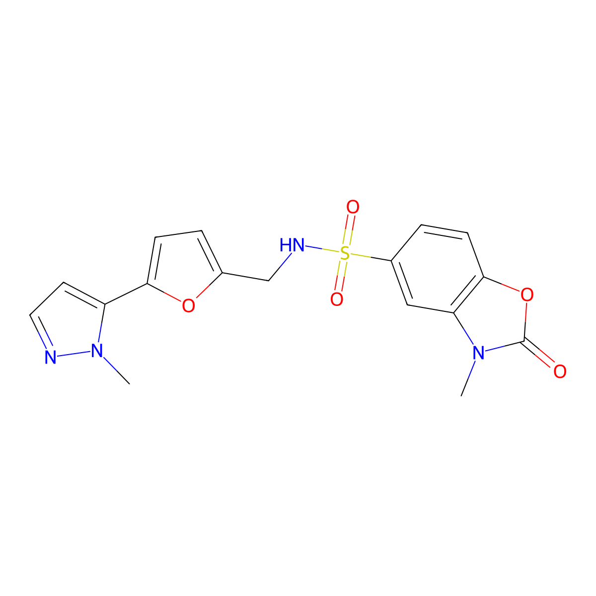 3-methyl-N-{[5-(1-methyl-1H-pyrazol-5-yl)furan-2-yl]methyl}-2-oxo-2,3-dihydro-1,3-benzoxazole-5-sulfonamide molecular structure, CAS 2415554-62-8