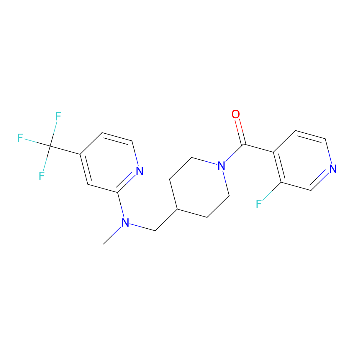 N-{[1-(3-fluoropyridine-4-carbonyl)piperidin-4-yl]methyl}-N-methyl-4-(trifluoromethyl)pyridin-2-amine molecular structure, CAS 2415554-74-2