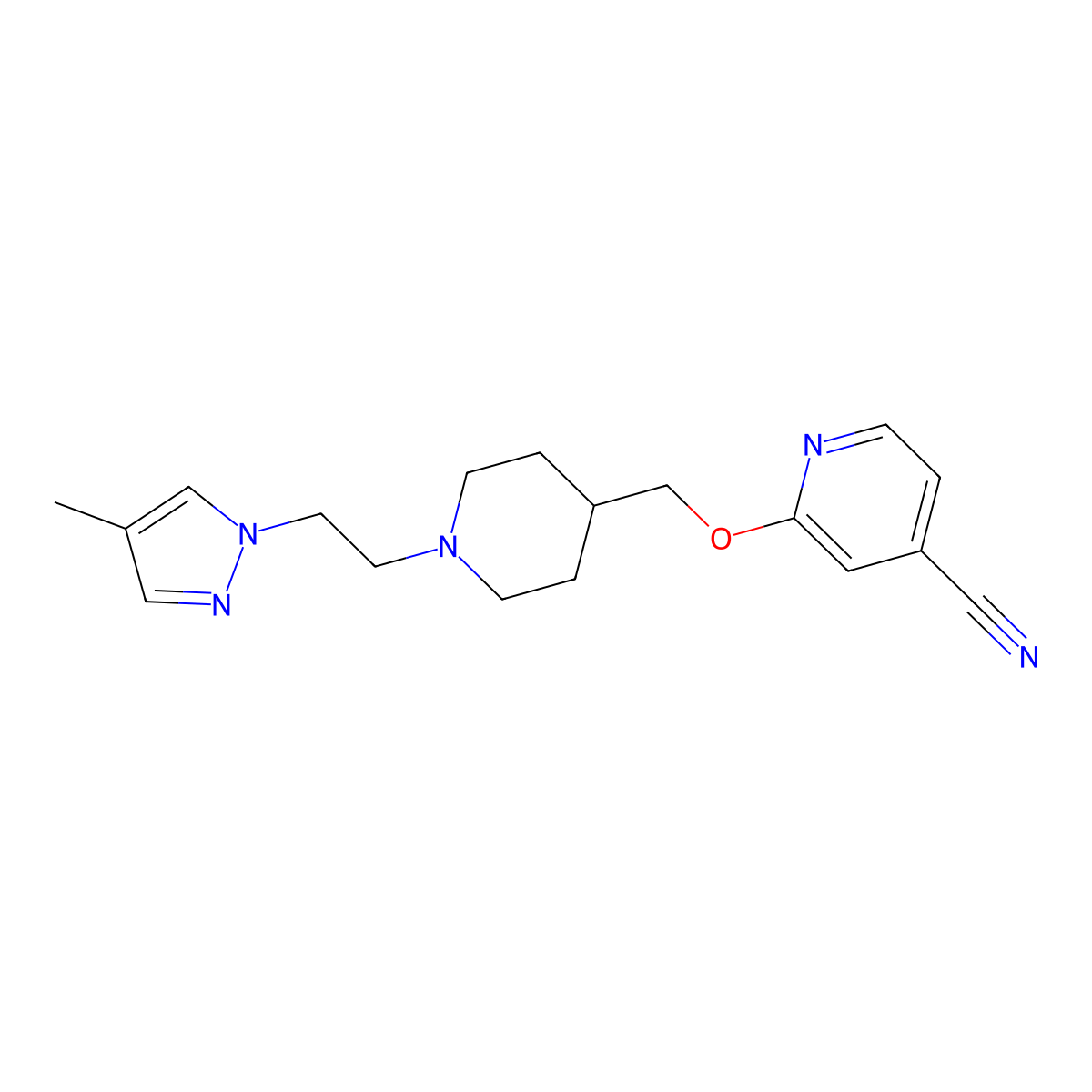 2-({1-[2-(4-methyl-1H-pyrazol-1-yl)ethyl]piperidin-4-yl}methoxy)pyridine-4-carbonitrile molecular structure, CAS 2415554-77-5