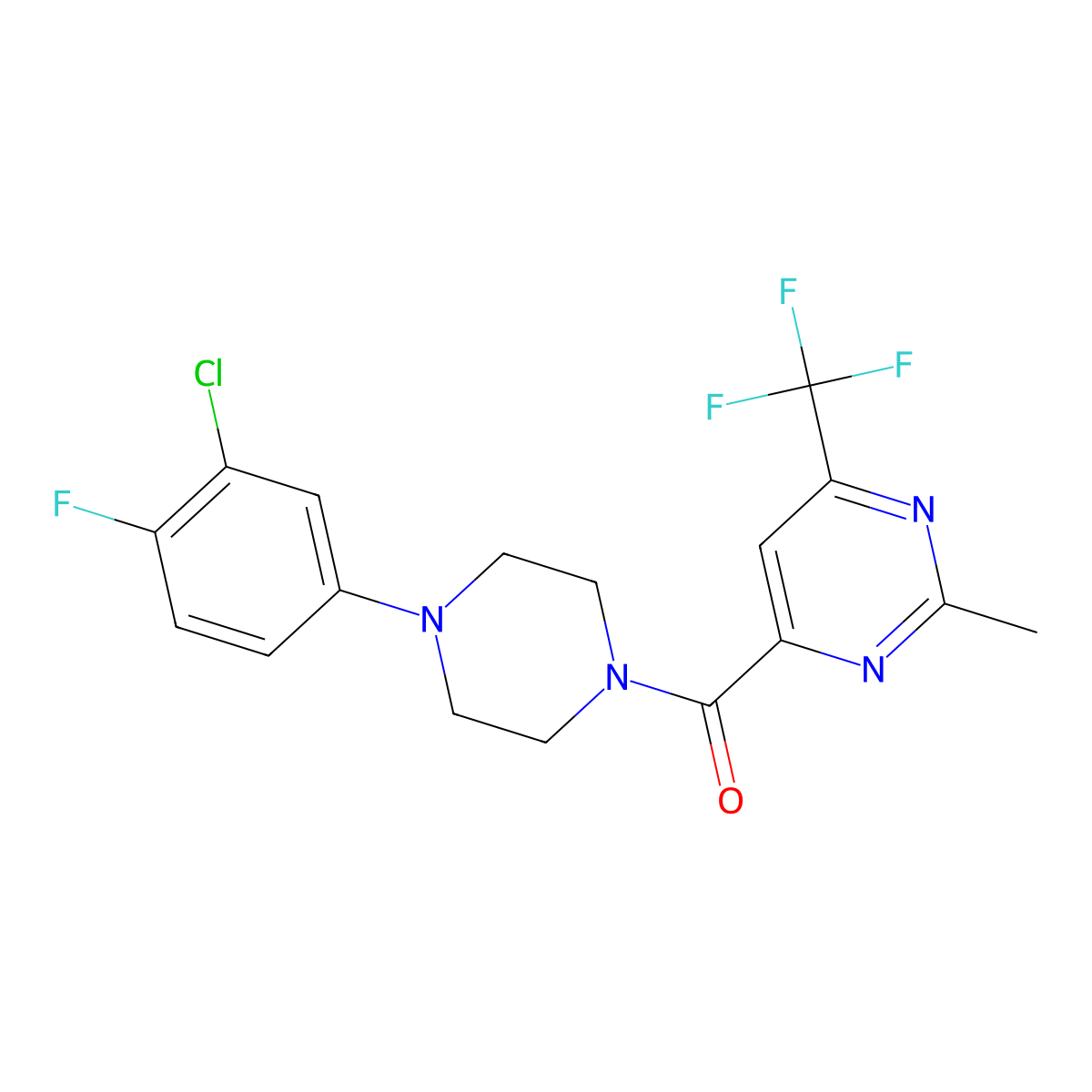 4-[4-(3-Chloro-4-fluorophenyl)piperazine-1-carbonyl]-2-methyl-6-(trifluoromethyl)pyrimidine molecular structure, CAS 2415554-80-0