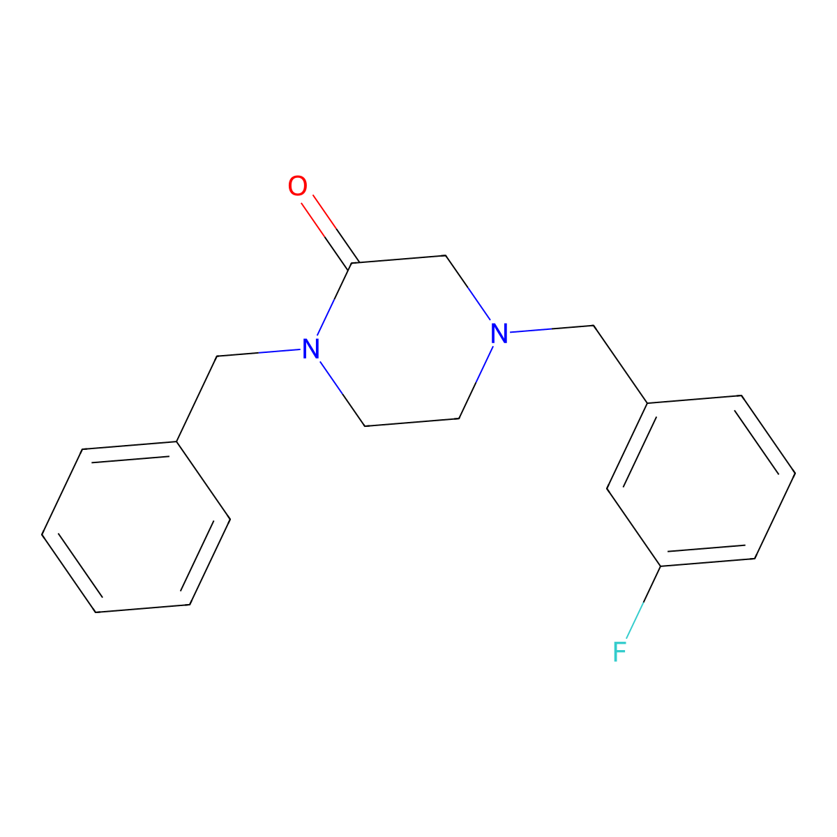 1-Benzyl-4-[(3-fluorophenyl)methyl]piperazin-2-one molecular structure, CAS 2415554-84-4