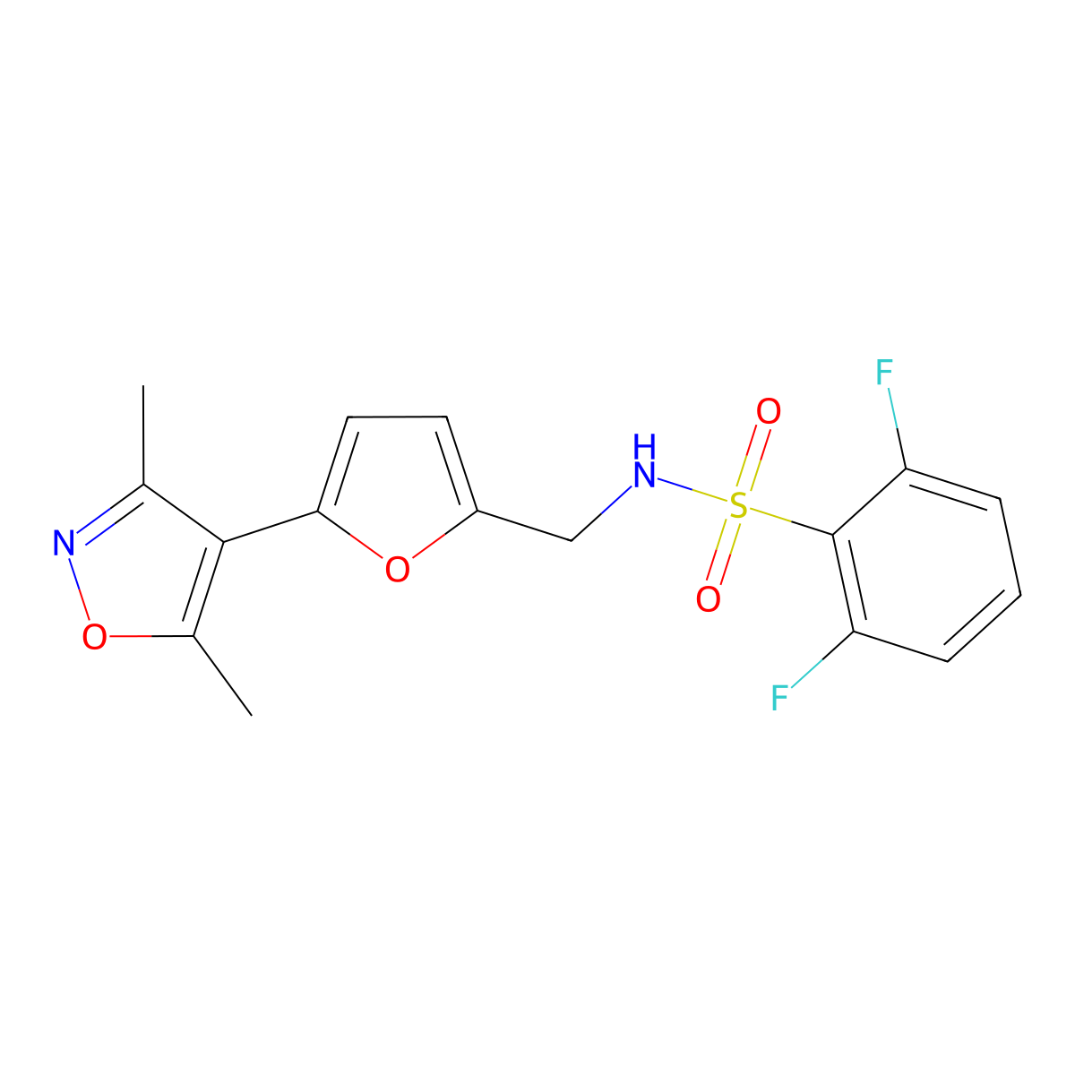 N-{[5-(3,5-dimethyl-1,2-oxazol-4-yl)furan-2-yl]methyl}-2,6-difluorobenzene-1-sulfonamide molecular structure, CAS 2415554-85-5