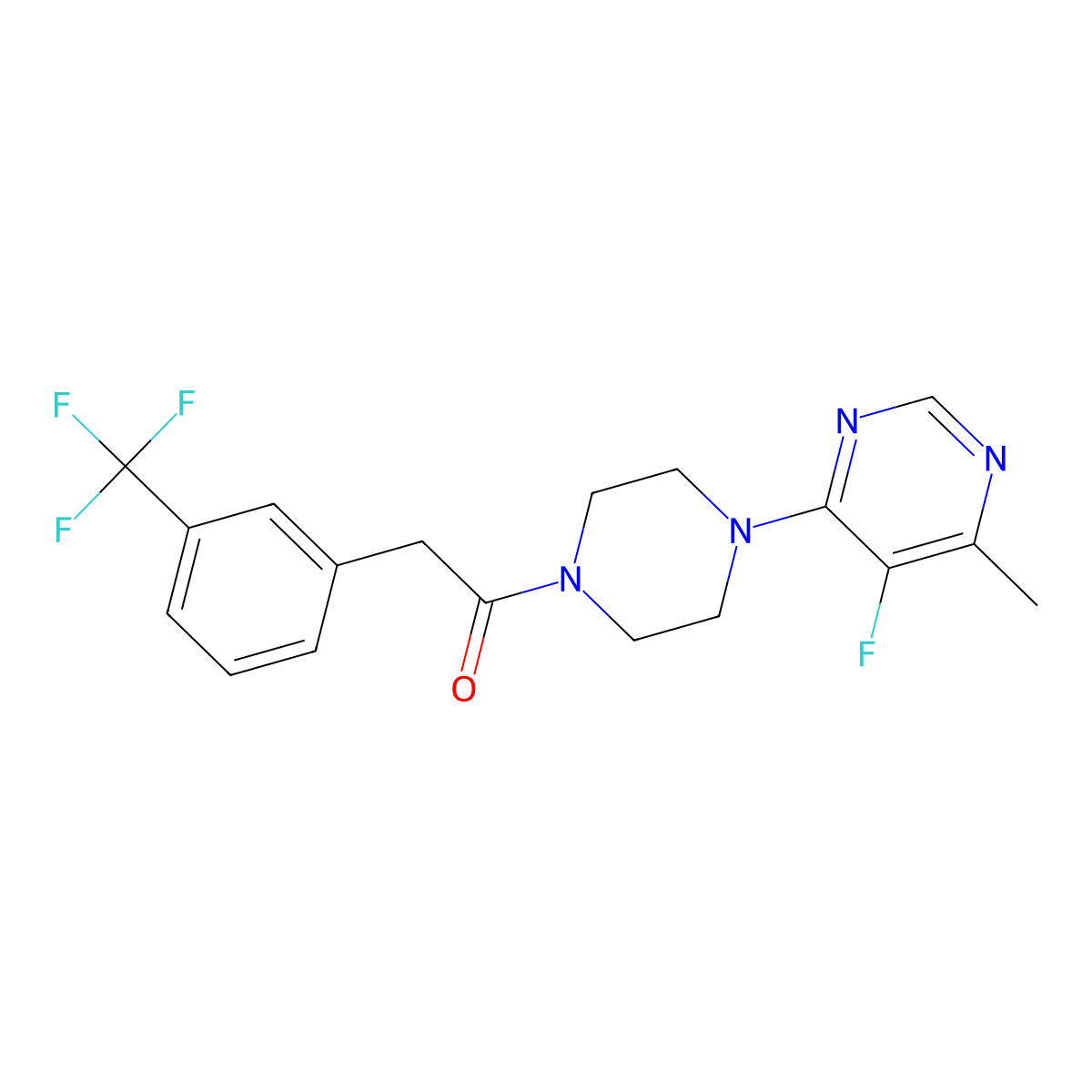 1-[4-(5-Fluoro-6-methylpyrimidin-4-yl)piperazin-1-yl]-2-[3-(trifluoromethyl)phenyl]ethan-1-one molecular structure, CAS 2415555-14-3