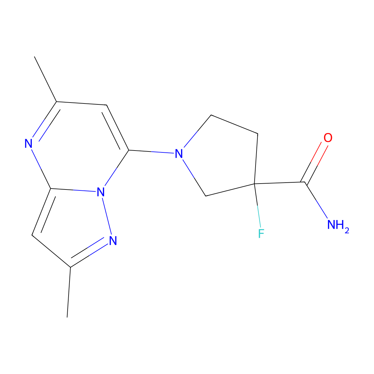 1-{2,5-Dimethylpyrazolo[1,5-a]pyrimidin-7-yl}-3-fluoropyrrolidine-3-carboxamide molecular structure, CAS 2415555-16-5