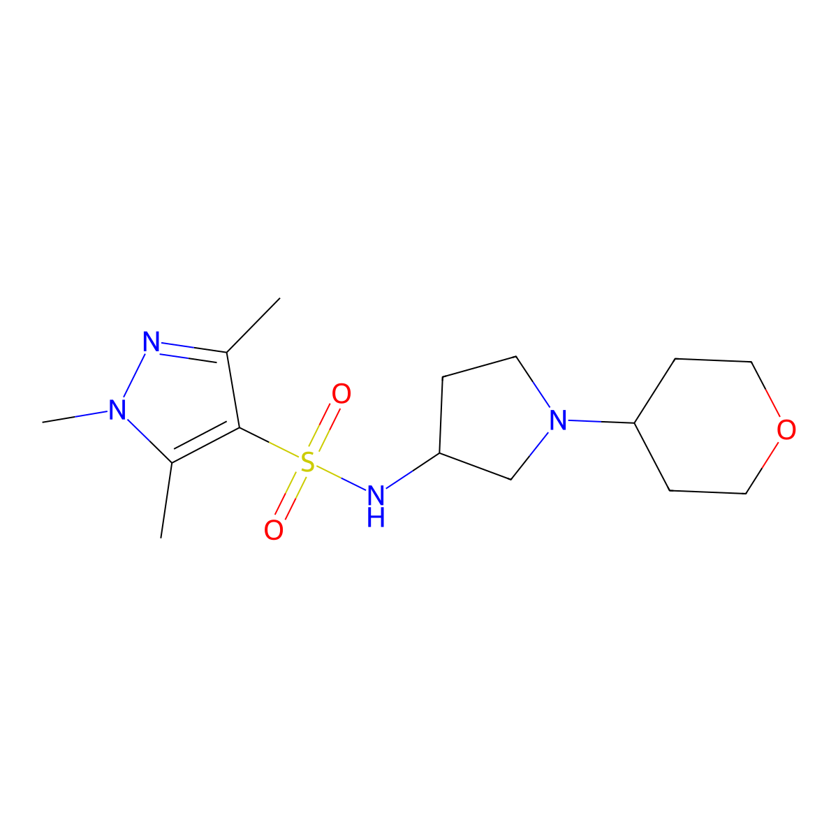 1,3,5-trimethyl-N-[1-(oxan-4-yl)pyrrolidin-3-yl]-1H-pyrazole-4-sulfonamide molecular structure, CAS 2415555-19-8