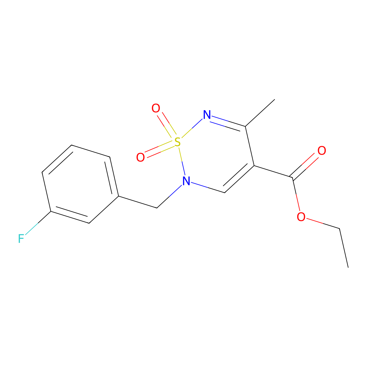 ethyl 2-[(3-fluorophenyl)methyl]-5-methyl-1,1-dioxo-2H-1lambda6,2,6-thiadiazine-4-carboxylate molecular structure, CAS 2415555-28-9
