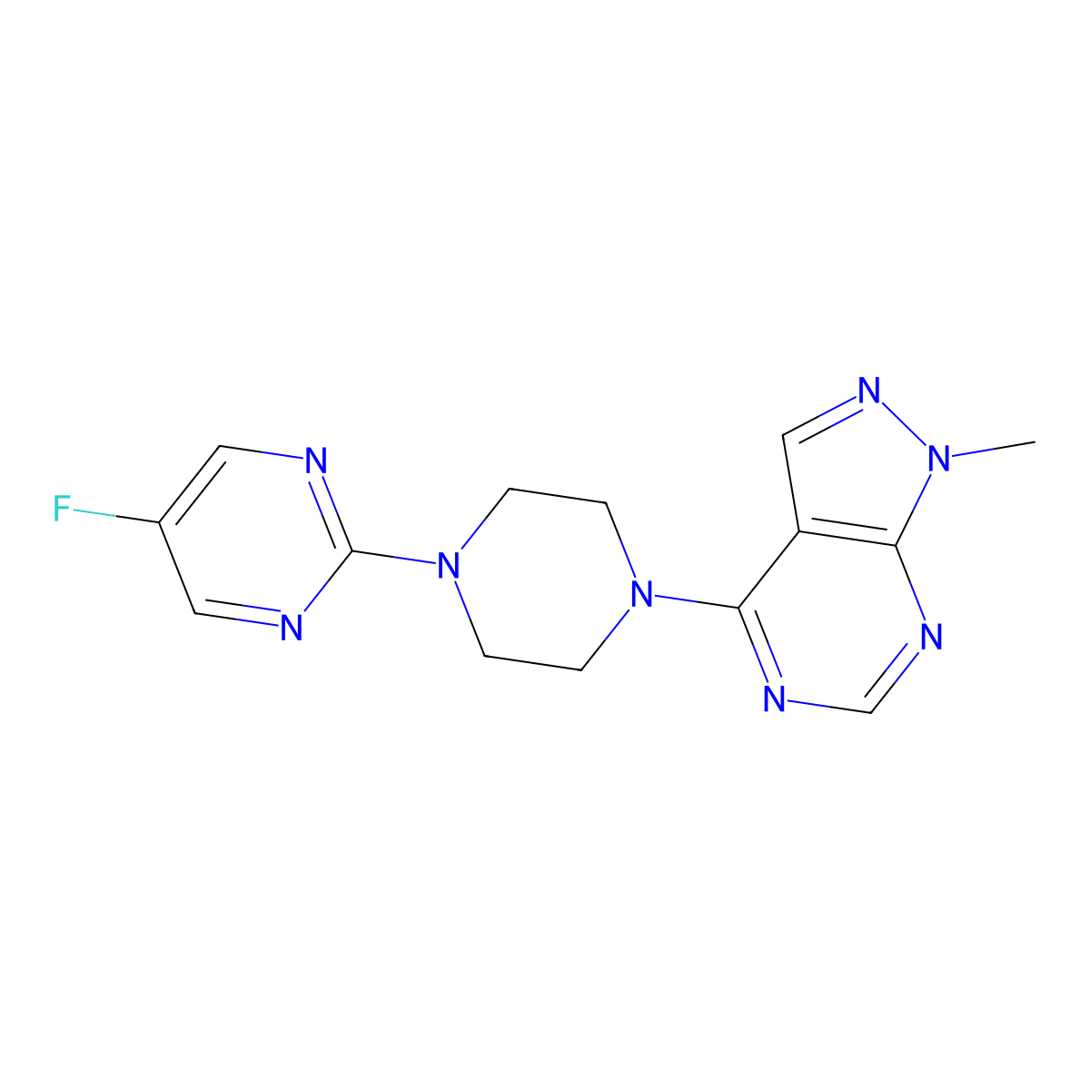 5-fluoro-2-(4-{1-methyl-1H-pyrazolo[3,4-d]pyrimidin-4-yl}piperazin-1-yl)pyrimidine molecular structure, CAS 2415555-30-3