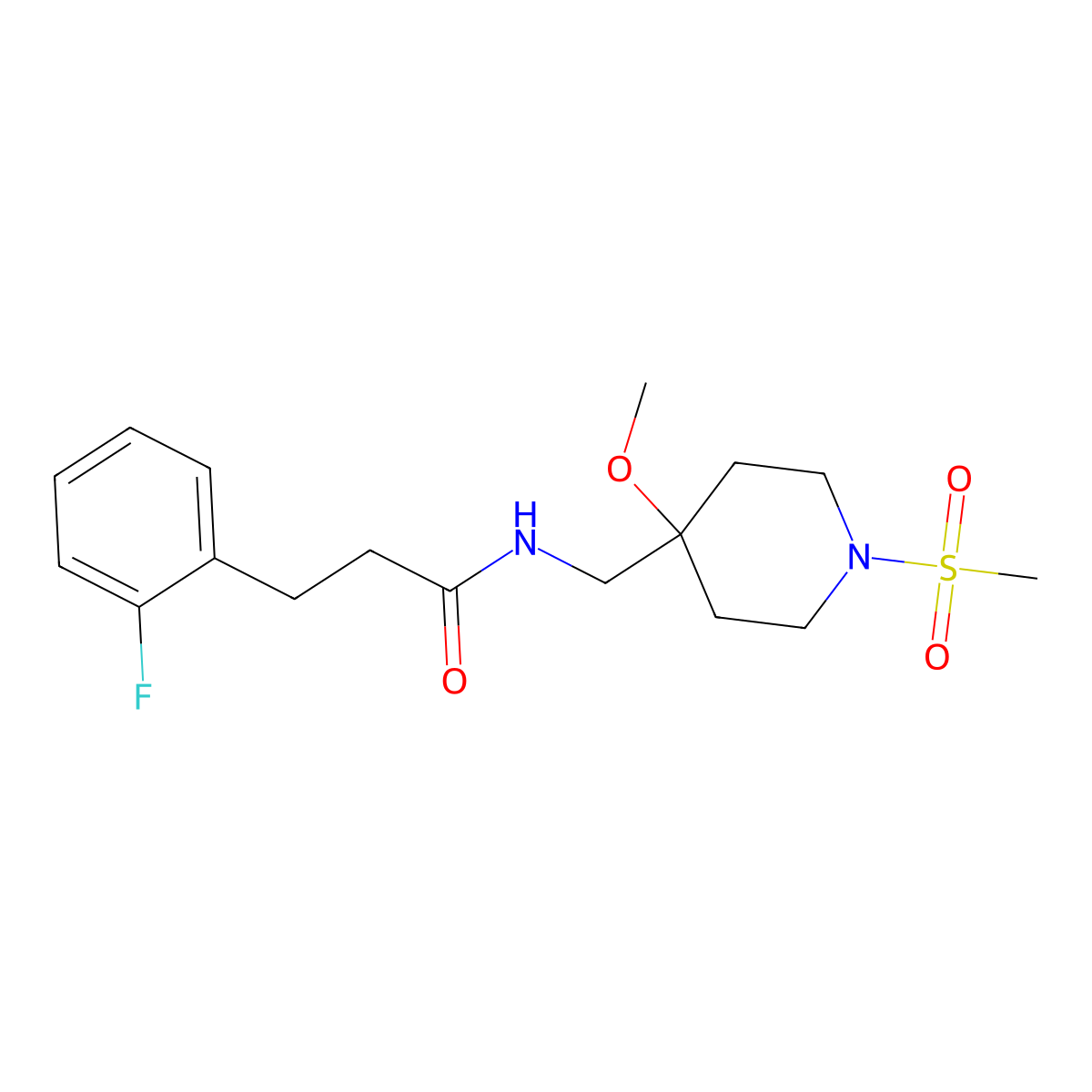 3-(2-fluorophenyl)-N-[(1-methanesulfonyl-4-methoxypiperidin-4-yl)methyl]propanamide molecular structure, CAS 2415555-41-6