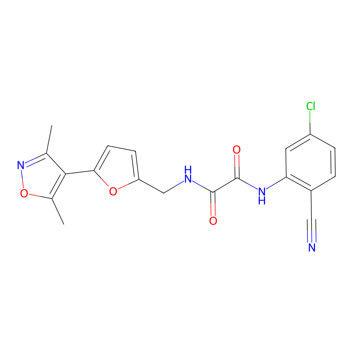 N'-(5-Chloro-2-cyanophenyl)-N-[[5-(3,5-dimethyl-1,2-oxazol-4-yl)furan-2-yl]methyl]oxamide molecular structure, CAS 2415555-42-7