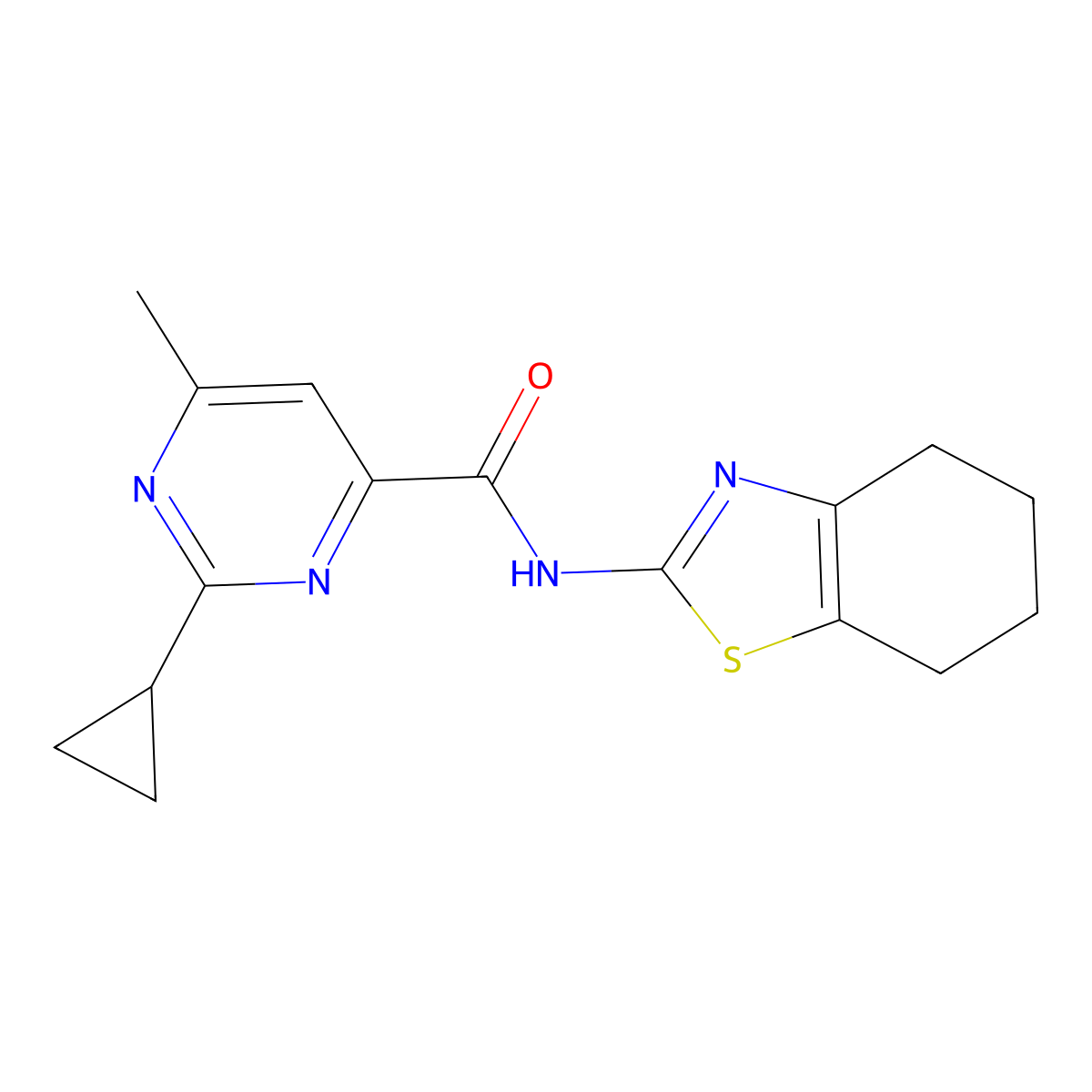2-Cyclopropyl-6-methyl-N-(4,5,6,7-tetrahydro-1,3-benzothiazol-2-yl)pyrimidine-4-carboxamide molecular structure, CAS 2415555-45-0