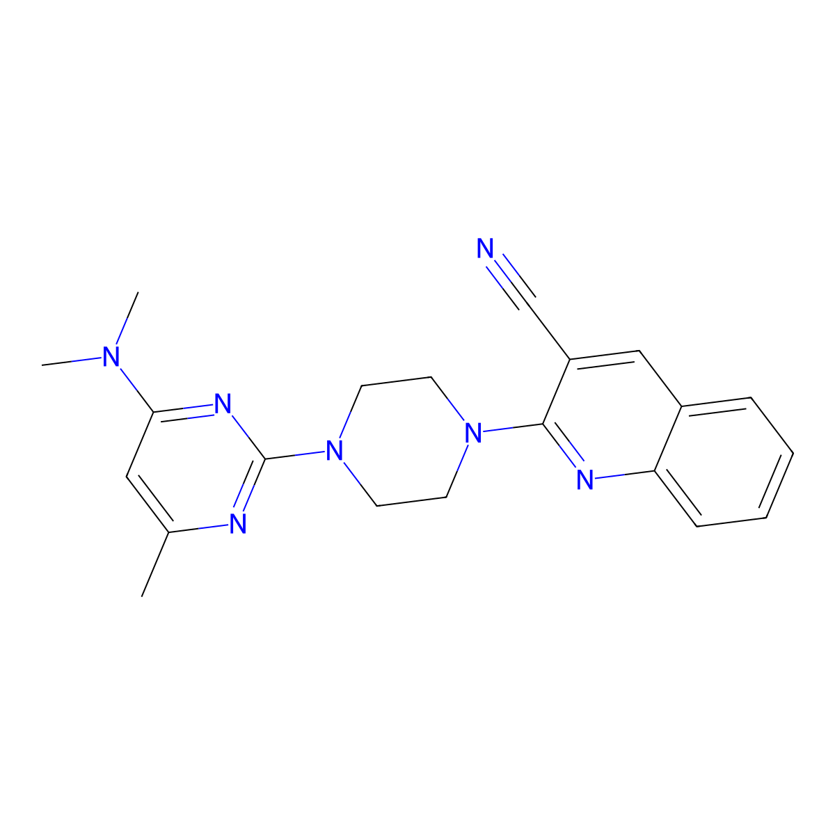 2-{4-[4-(Dimethylamino)-6-methylpyrimidin-2-yl]piperazin-1-yl}quinoline-3-carbonitrile molecular structure, CAS 2415555-52-9
