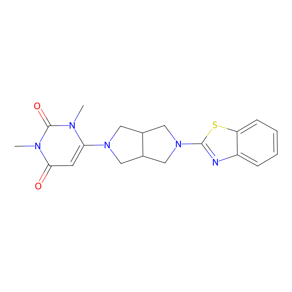 6-[5-(1,3-Benzothiazol-2-yl)-octahydropyrrolo[3,4-c]pyrrol-2-yl]-1,3-dimethyl-1,2,3,4-tetrahydropyrimidine-2,4-dione molecular structure, CAS 2415555-56-3