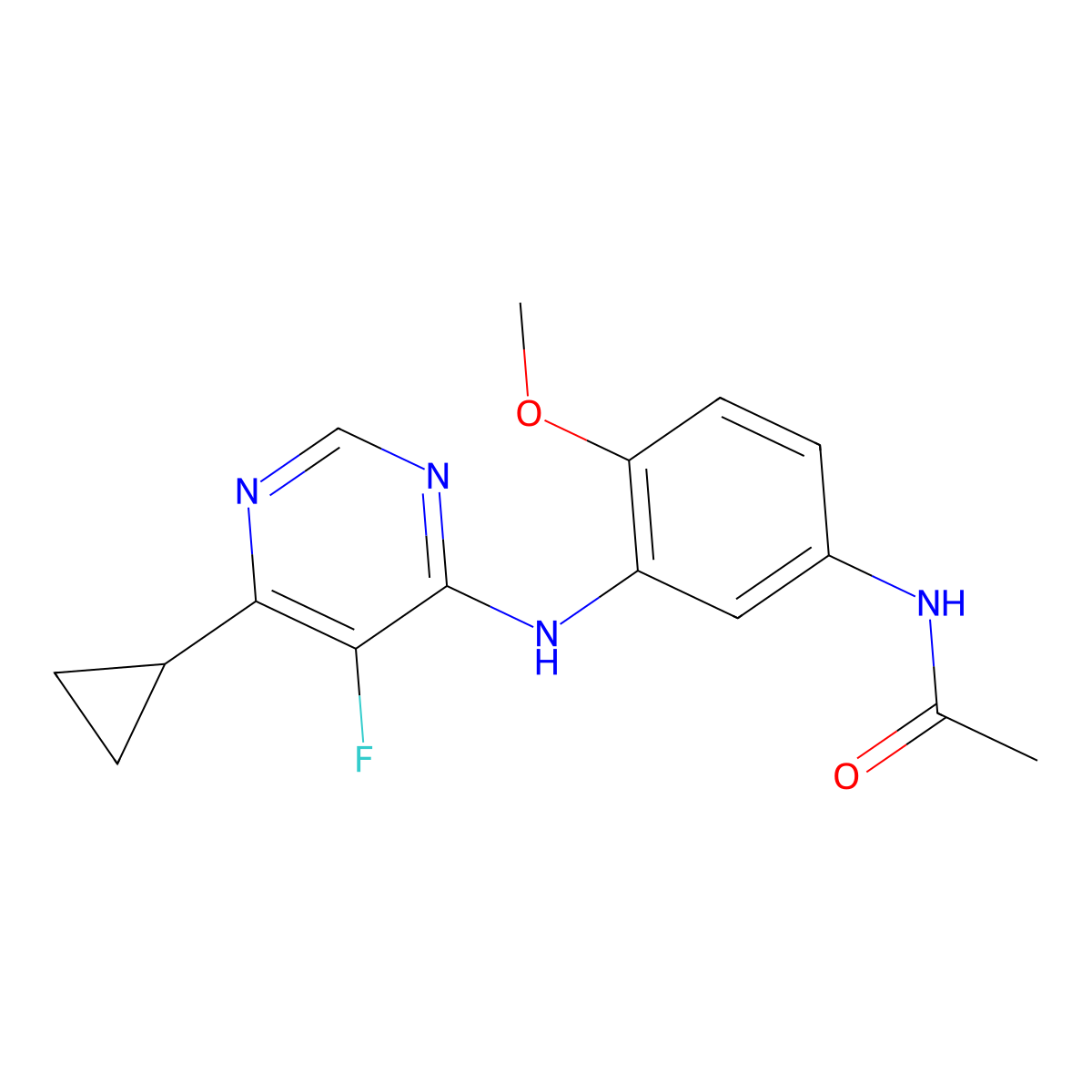 N-{3-[(6-cyclopropyl-5-fluoropyrimidin-4-yl)amino]-4-methoxyphenyl}acetamide molecular structure, CAS 2415555-57-4