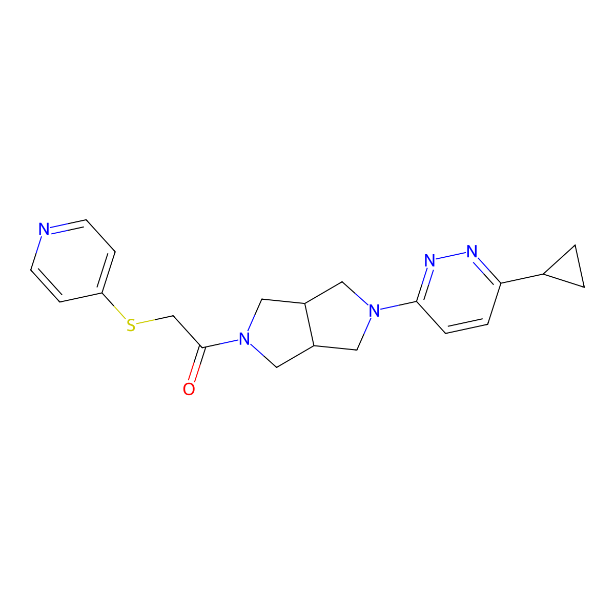 1-[5-(6-Cyclopropylpyridazin-3-yl)-octahydropyrrolo[3,4-c]pyrrol-2-yl]-2-(pyridin-4-ylsulfanyl)ethan-1-one molecular structure, CAS 2415555-65-4