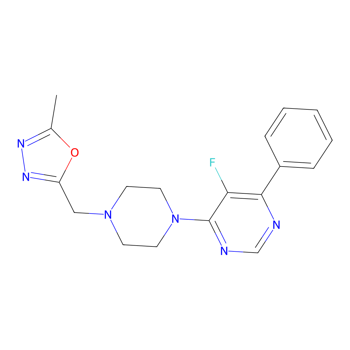 5-Fluoro-4-{4-[(5-methyl-1,3,4-oxadiazol-2-yl)methyl]piperazin-1-yl}-6-phenylpyrimidine molecular structure, CAS 2415555-76-7