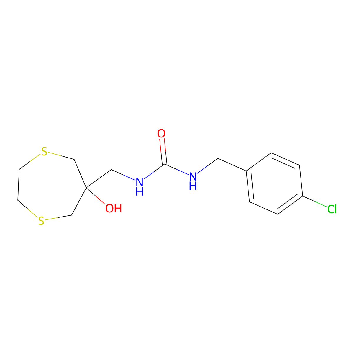 3-[(4-Chlorophenyl)methyl]-1-[(6-hydroxy-1,4-dithiepan-6-yl)methyl]urea molecular structure, CAS 2415555-79-0