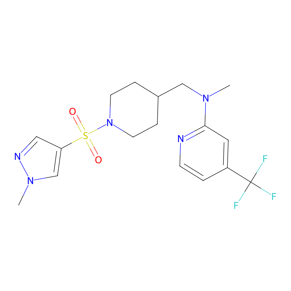 N-methyl-N-({1-[(1-methyl-1H-pyrazol-4-yl)sulfonyl]piperidin-4-yl}methyl)-4-(trifluoromethyl)pyridin-2-amine molecular structure, CAS 2415555-84-7