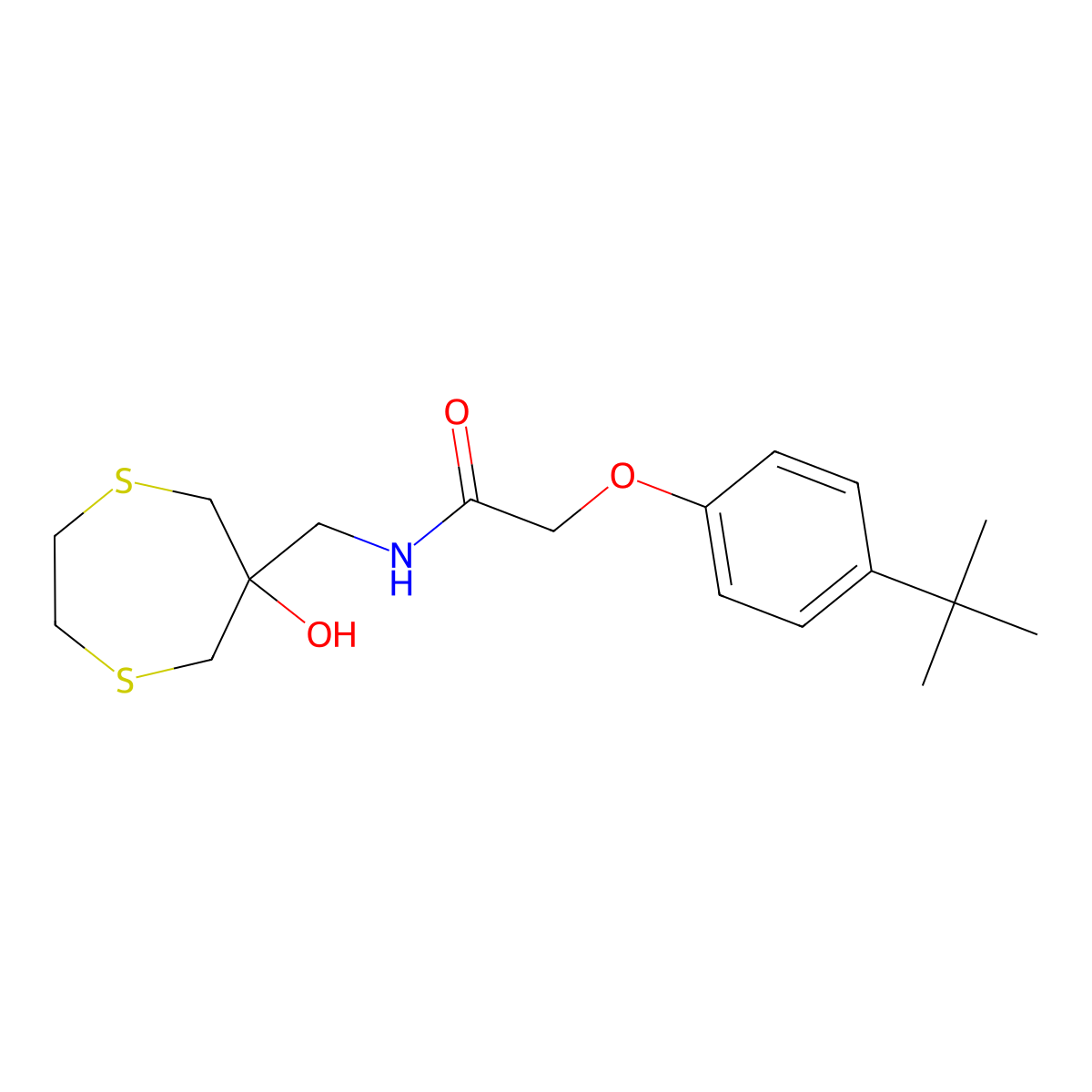 2-(4-Tert-butylphenoxy)-N-[(6-hydroxy-1,4-dithiepan-6-yl)methyl]acetamide molecular structure, CAS 2415555-93-8