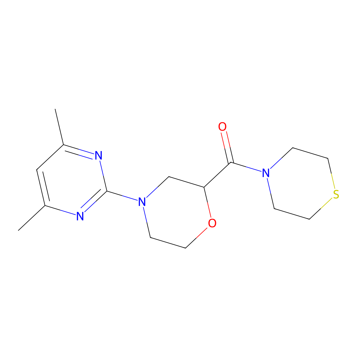 4-(4,6-Dimethylpyrimidin-2-yl)-2-(thiomorpholine-4-carbonyl)morpholine molecular structure, CAS 2415555-96-1