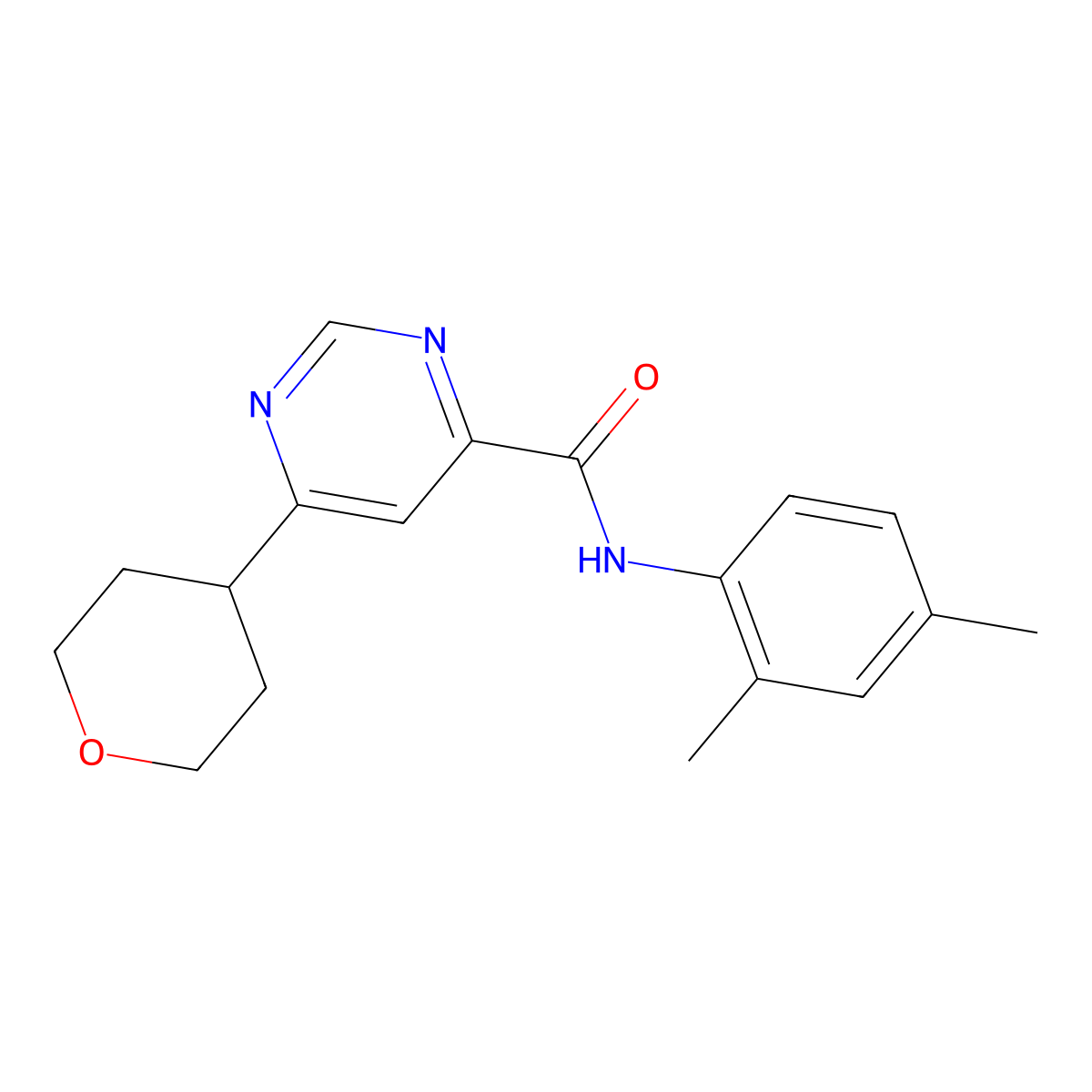 N-(2,4-Dimethylphenyl)-6-(oxan-4-yl)pyrimidine-4-carboxamide molecular structure, CAS 2415556-20-4