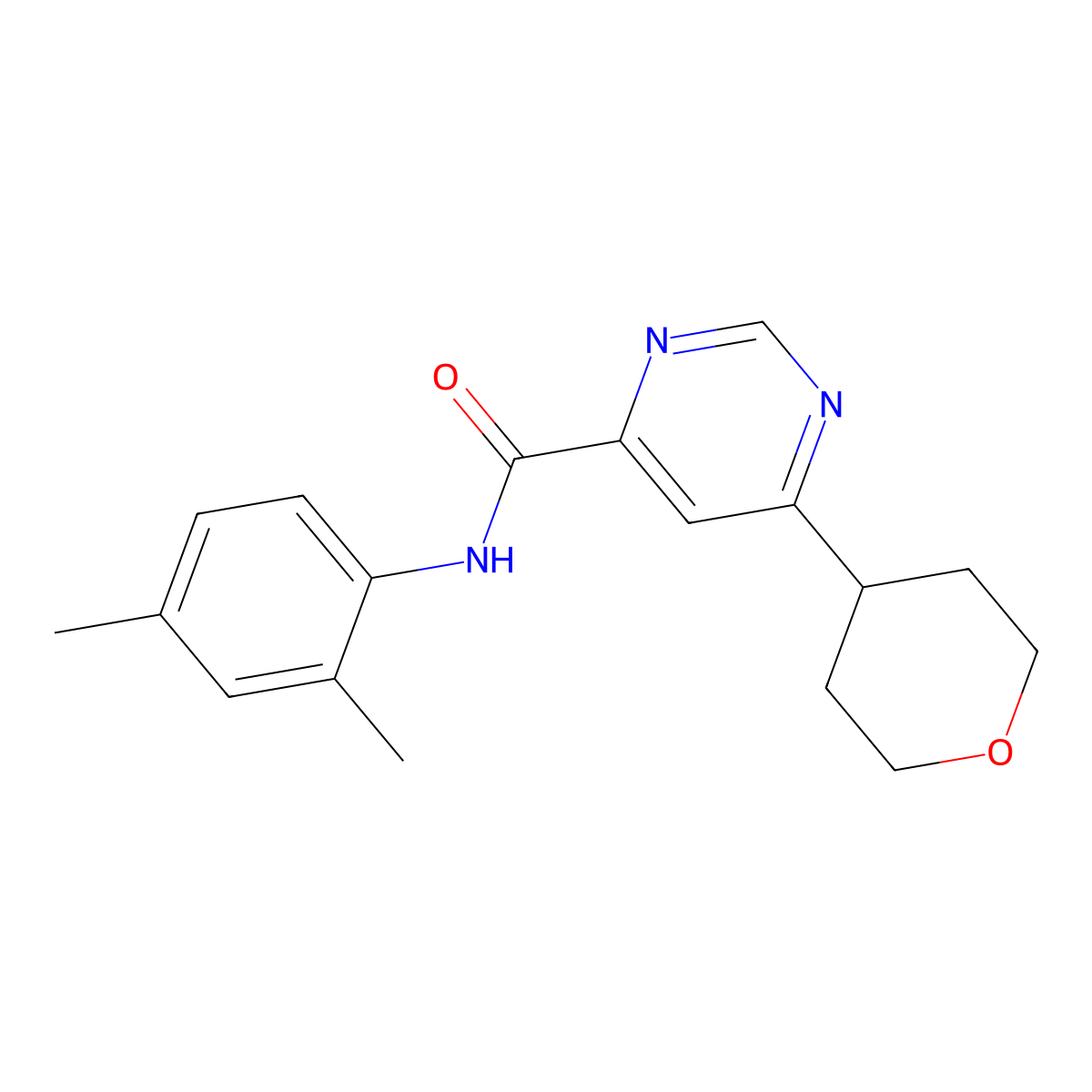 N-(2,4-Dimethylphenyl)-6-(oxan-4-yl)pyrimidine-4-carboxamide molecular structure, CAS 2415556-20-4